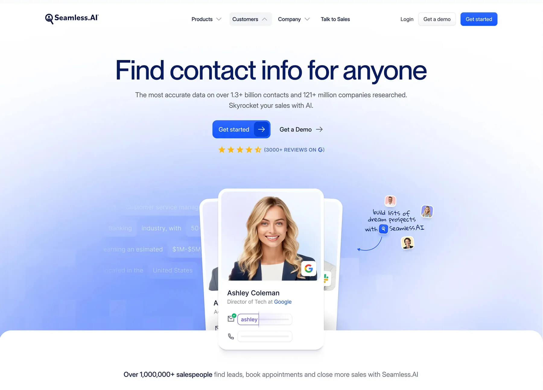 The redesigned Seamless.AI homepage: "Find contact info for anyone" headline, two clear calls to action, G2 rating and a product card