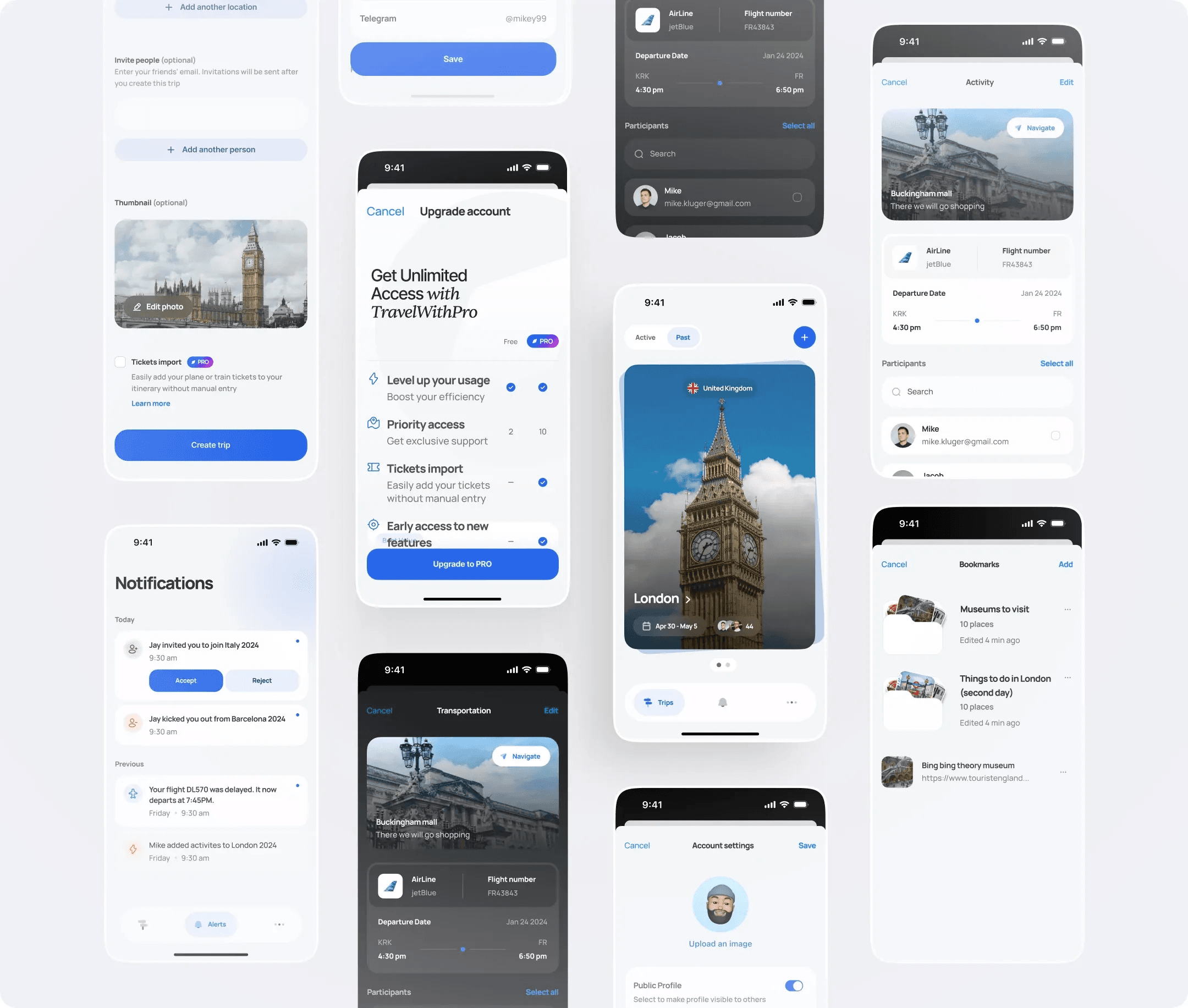 TravelWith app screens on one board
