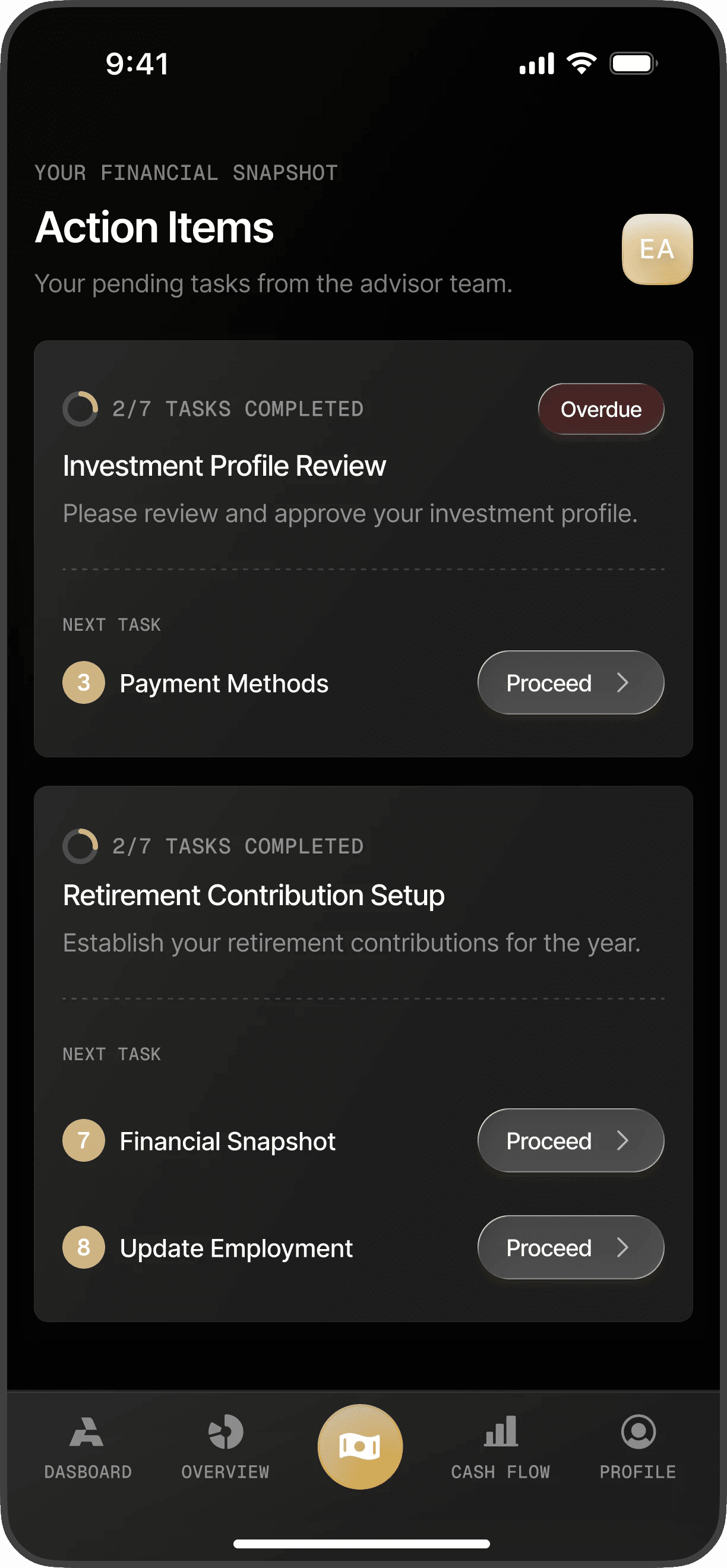 Mobile action items: two workflows, each with its progress and next task