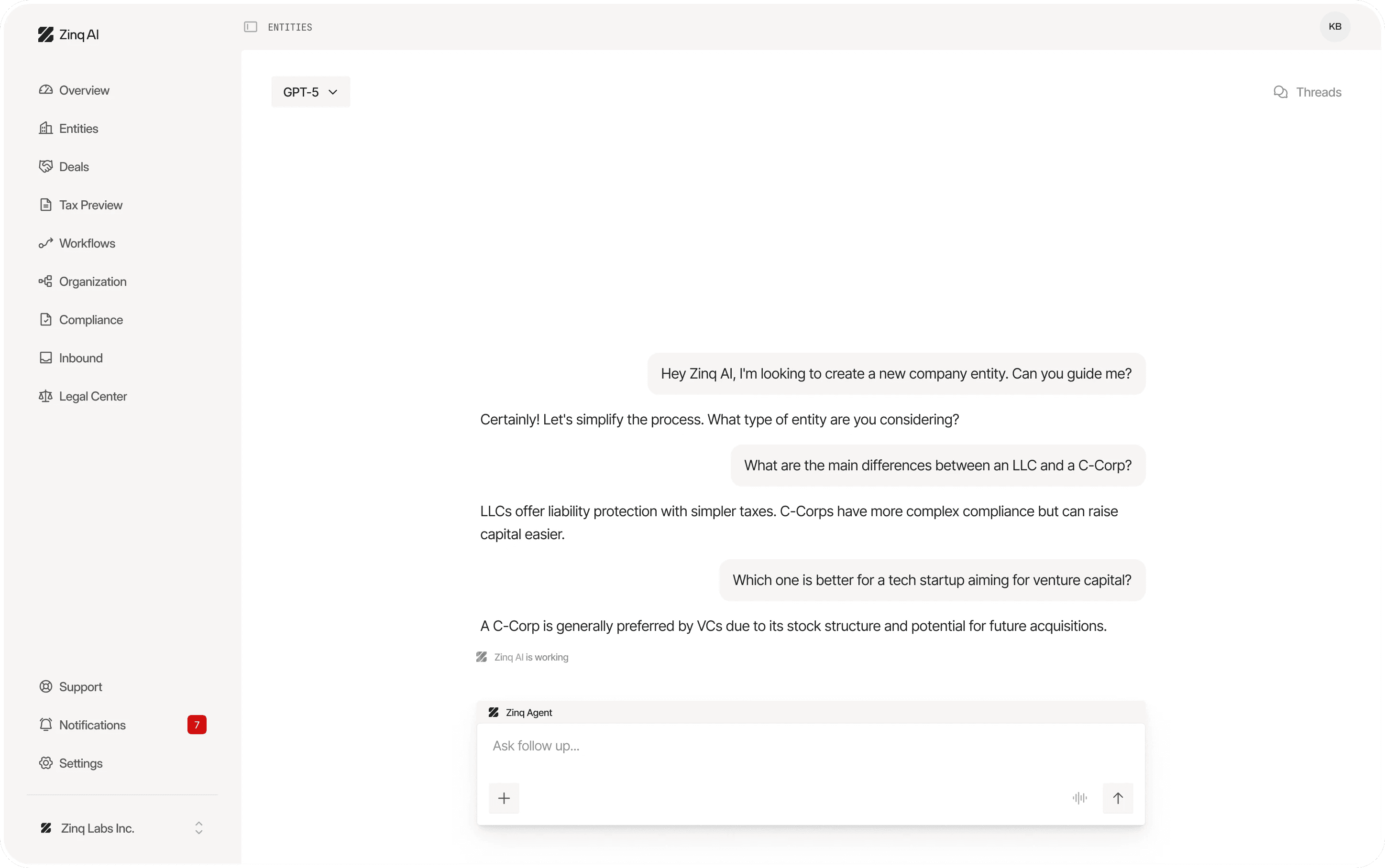 Zinq AI assistant: a conversation about setting up a new company entity and choosing between an LLC and a C-Corp
