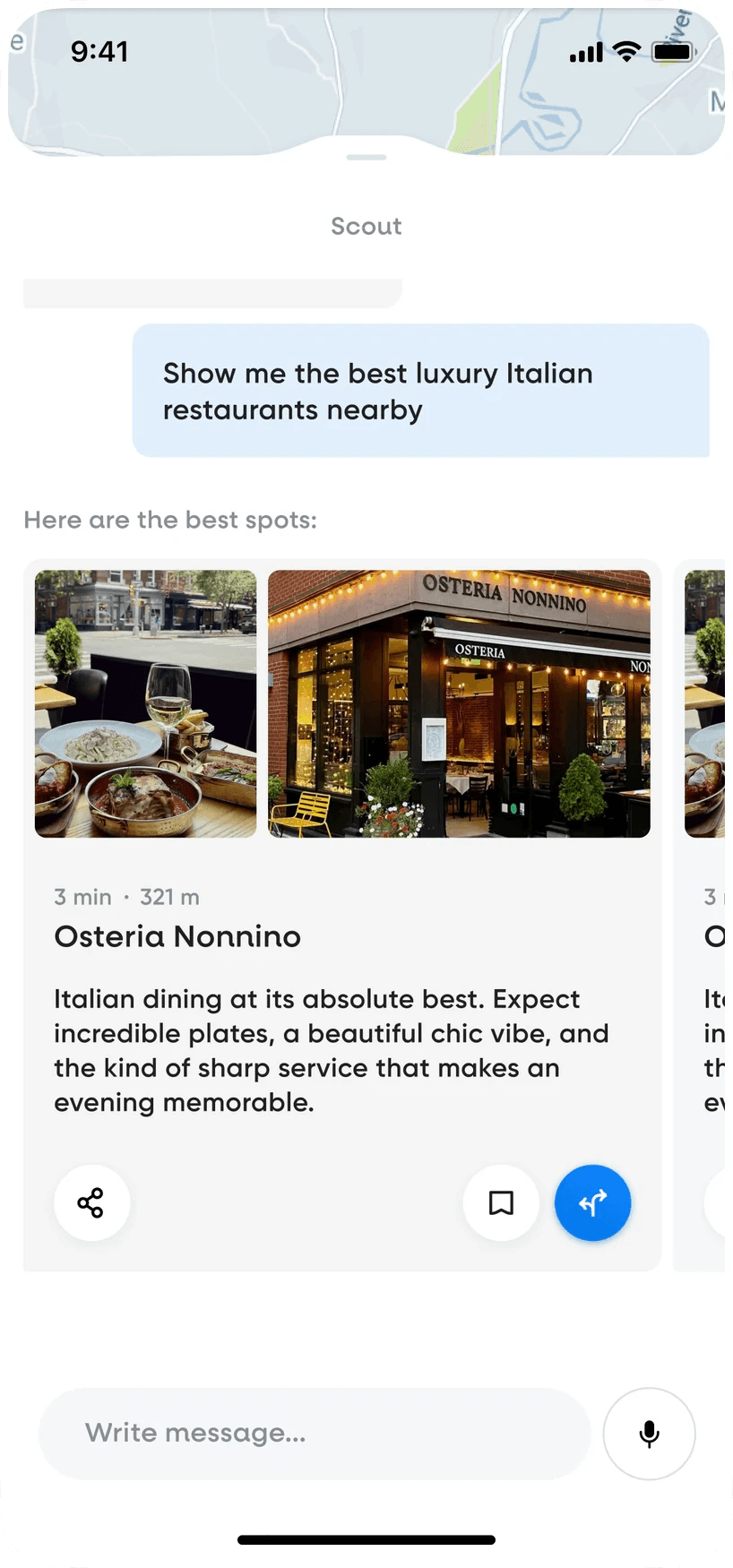 Scout chat: restaurant cards with photos, distance and a short local review