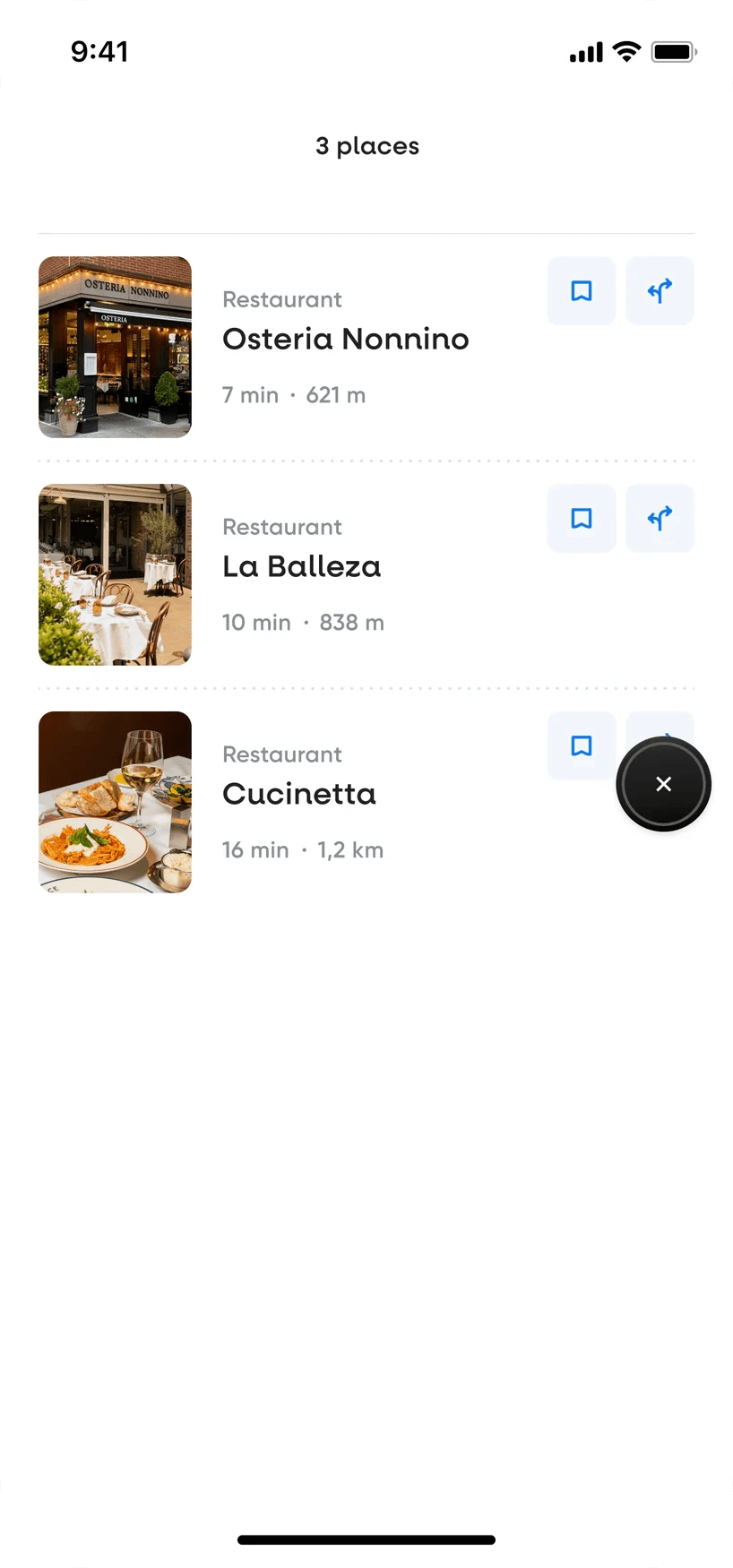 Scout results as a list of three restaurants with save and directions buttons
