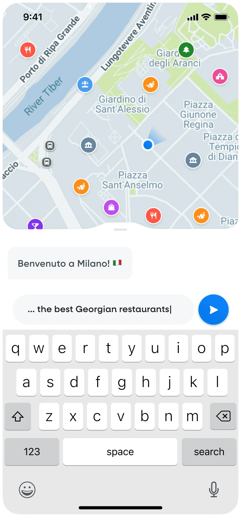 Scout chat in the Hint app: typing a request for the best Georgian restaurants over the map