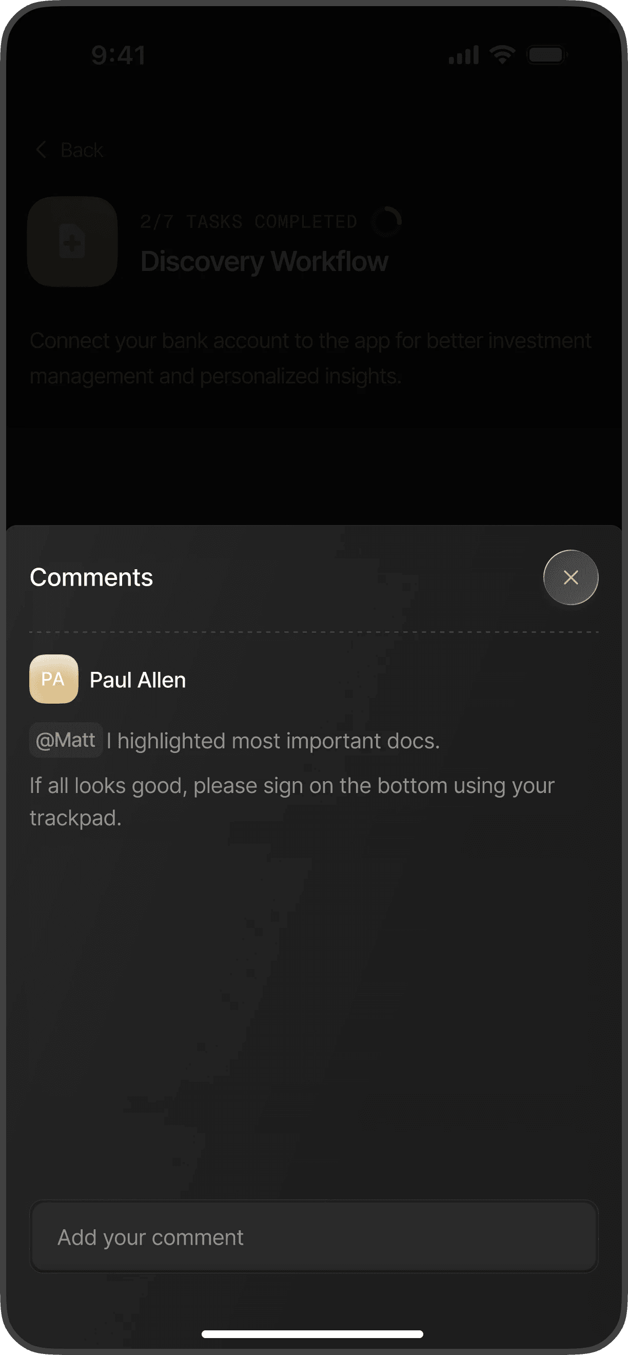 Mobile comments sheet over a task, with the advisor’s notes and a field to reply
