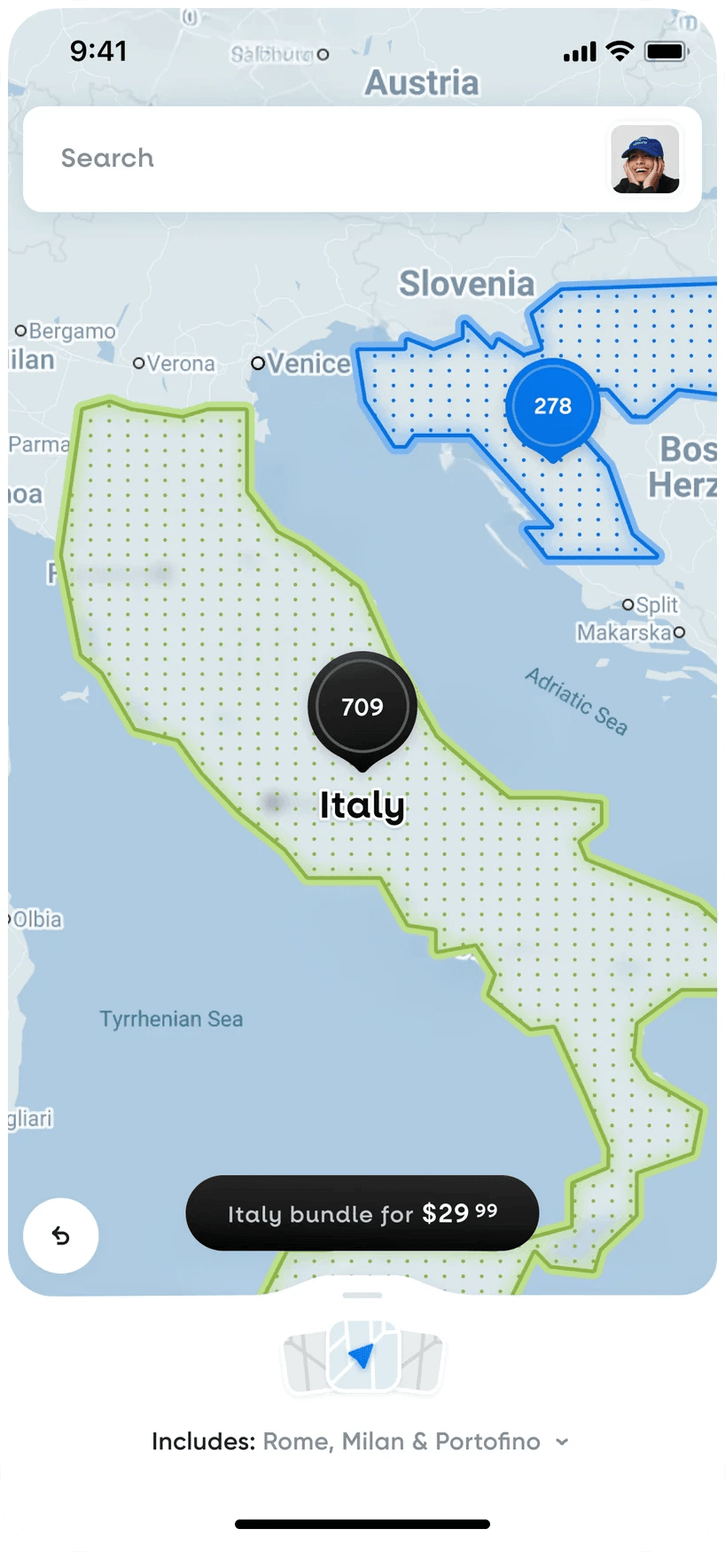 Hint app: the Italy bundle zoomed out over the country, with 709 spots and the bundle price