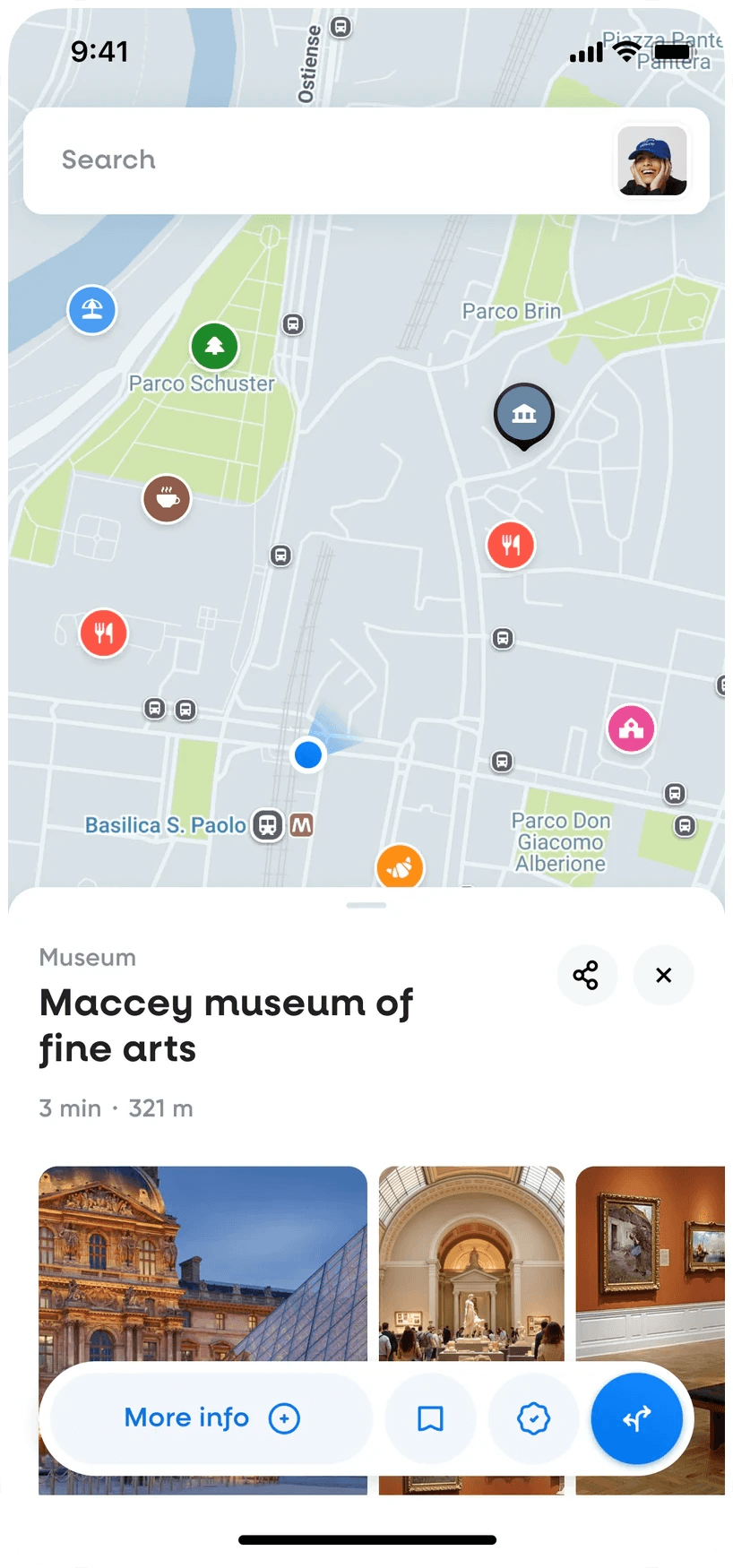 Hint app place card for a museum, with photos, distance and buttons for directions and saving