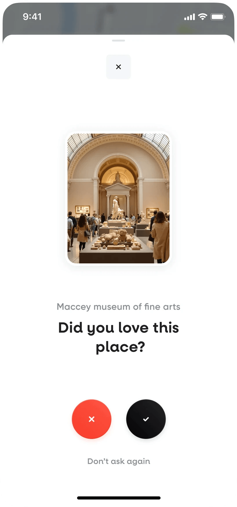 Hint app: Did you love this place, with yes and no buttons under a photo of the museum