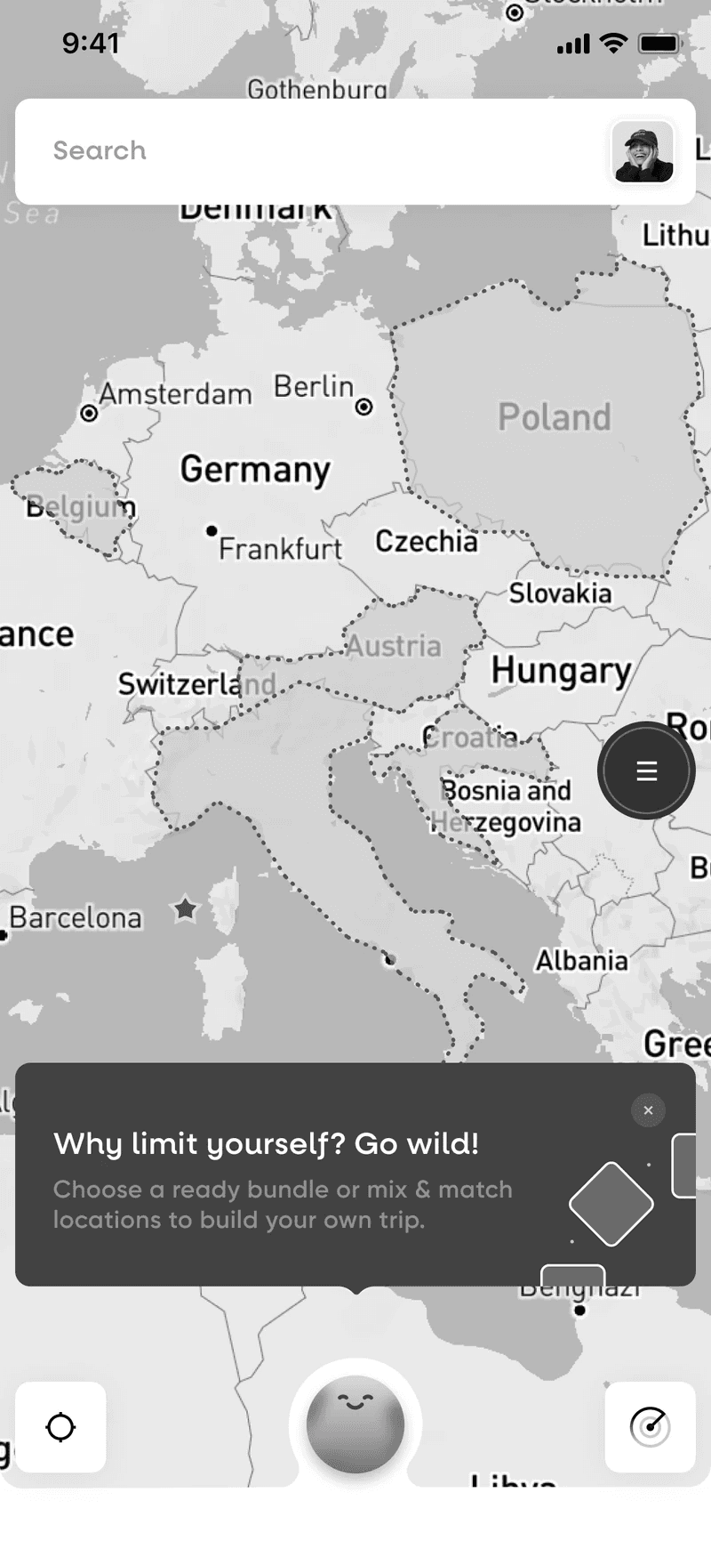 Grey wireframe: the map zoomed out to Europe with a prompt to mix locations into a bundle
