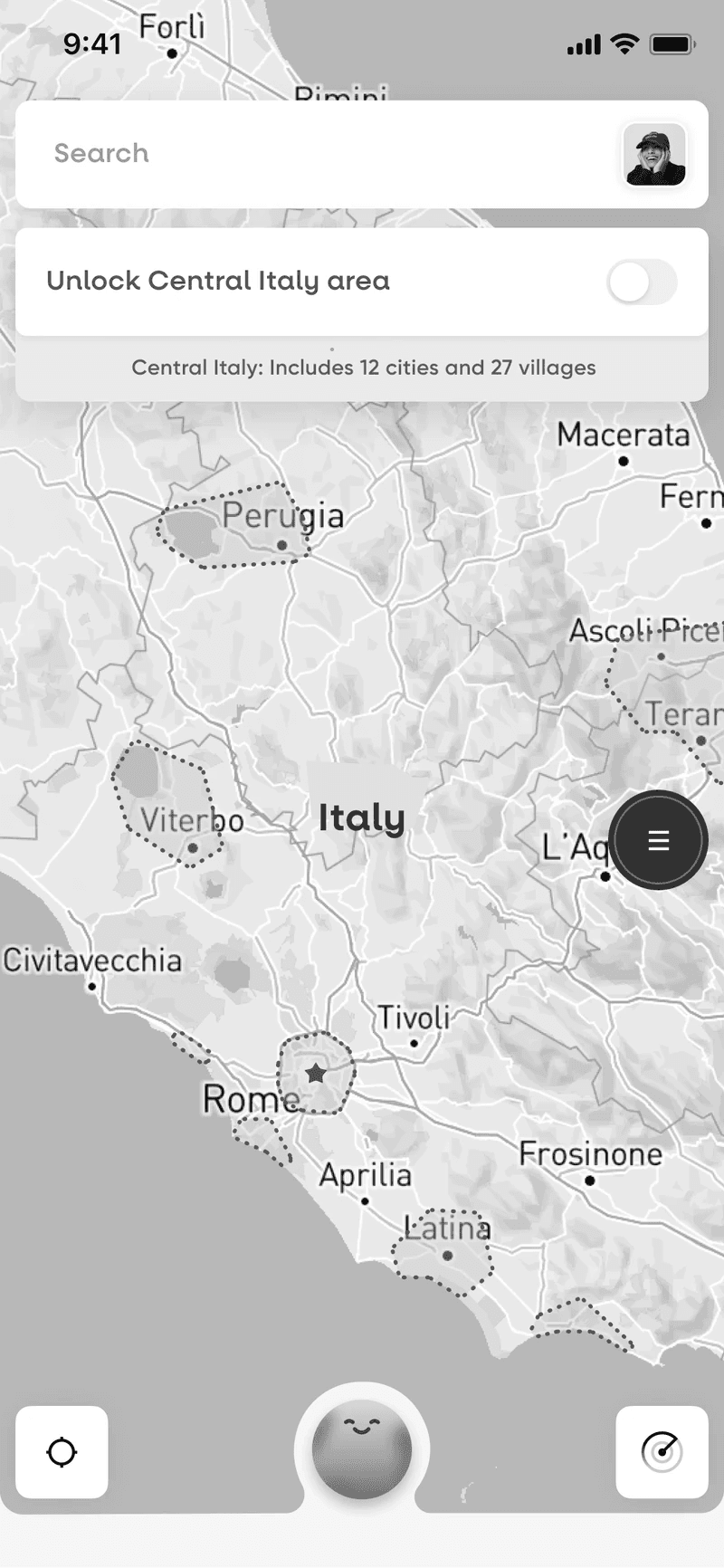 Grey wireframe: the map zoomed out to Central Italy with an area to unlock