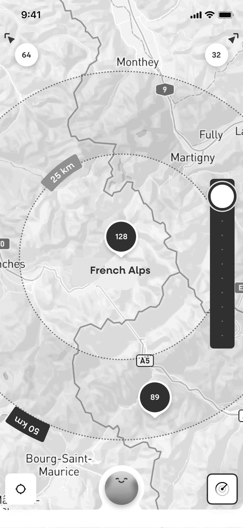 Grey wireframe: the radius tool unlocking spots within 25 to 50 km in the French Alps