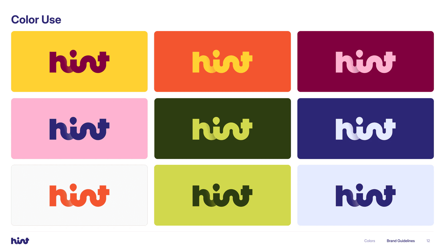 Hint brand guide: a grid of approved background and wordmark color pairs