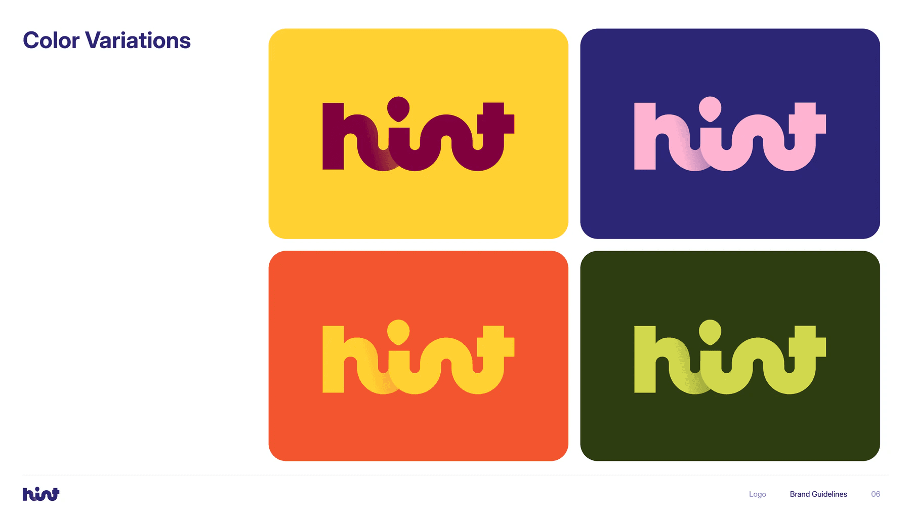 Hint brand guide: the wordmark in four color variations, on yellow, orange and green