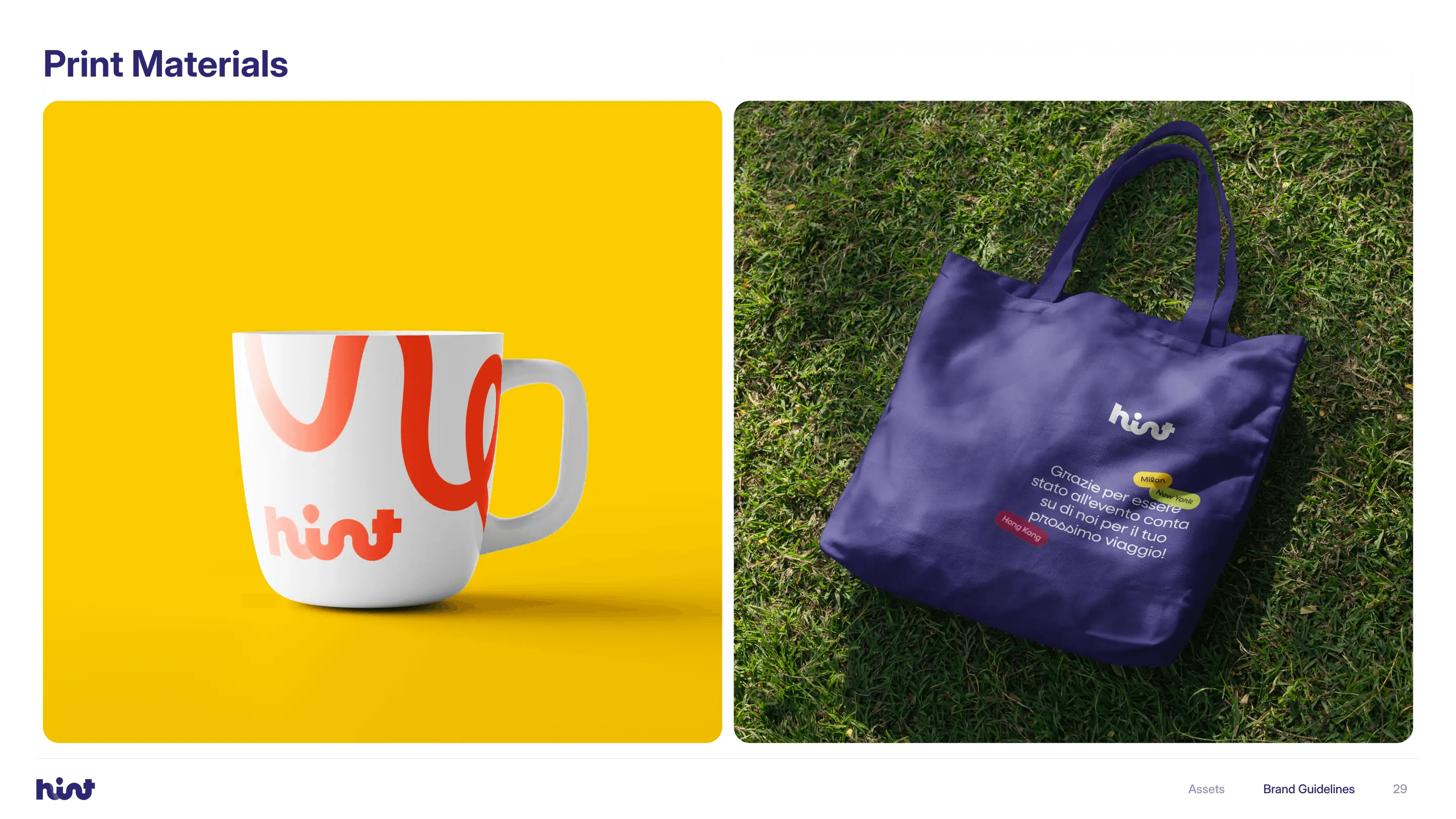Hint brand guide, print materials: a Hint mug on yellow and a purple Hint tote bag on grass