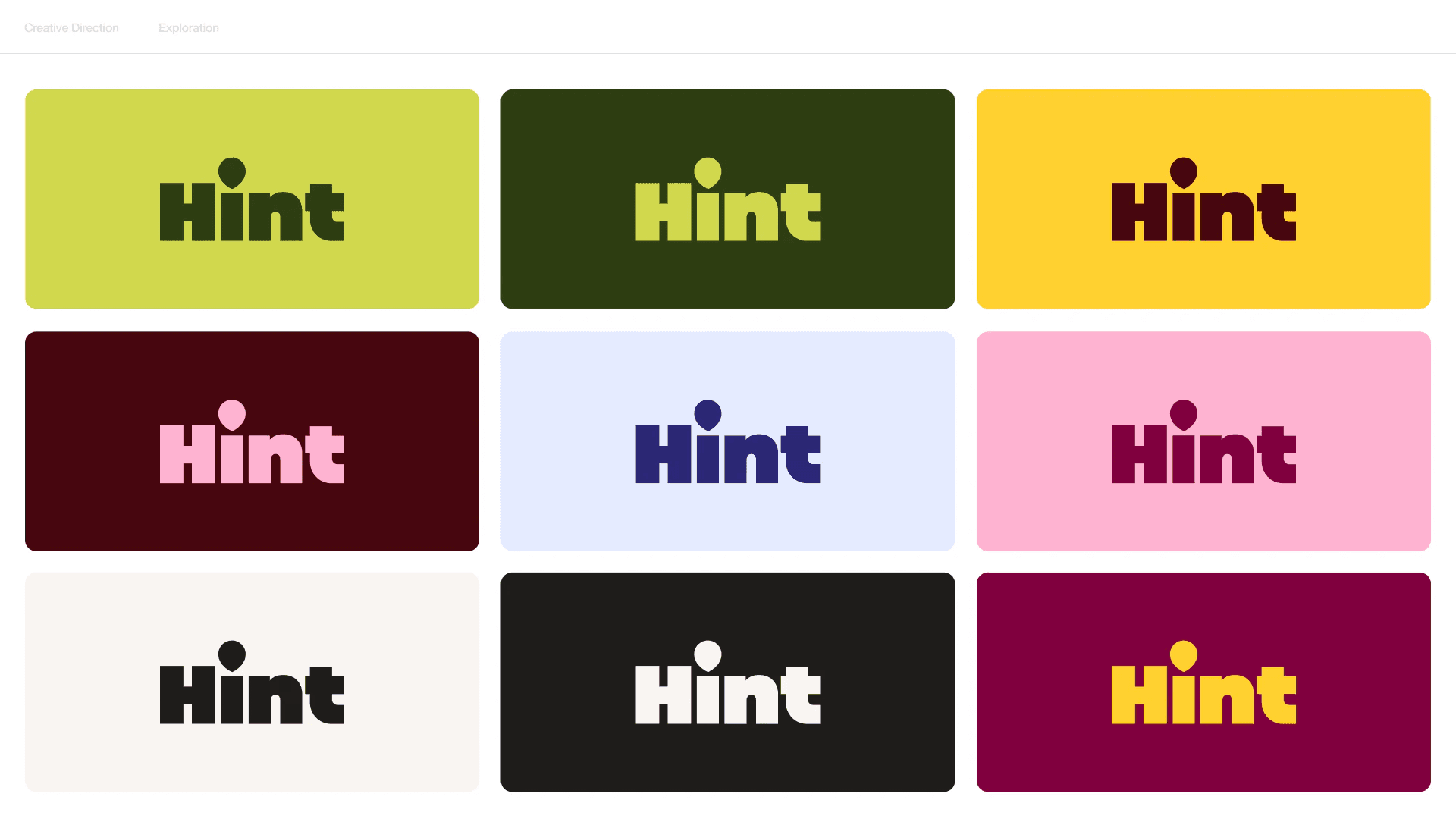 Brand exploration 1.0: the wordmark in nine color pairs, from lime and olive to pink and burgundy