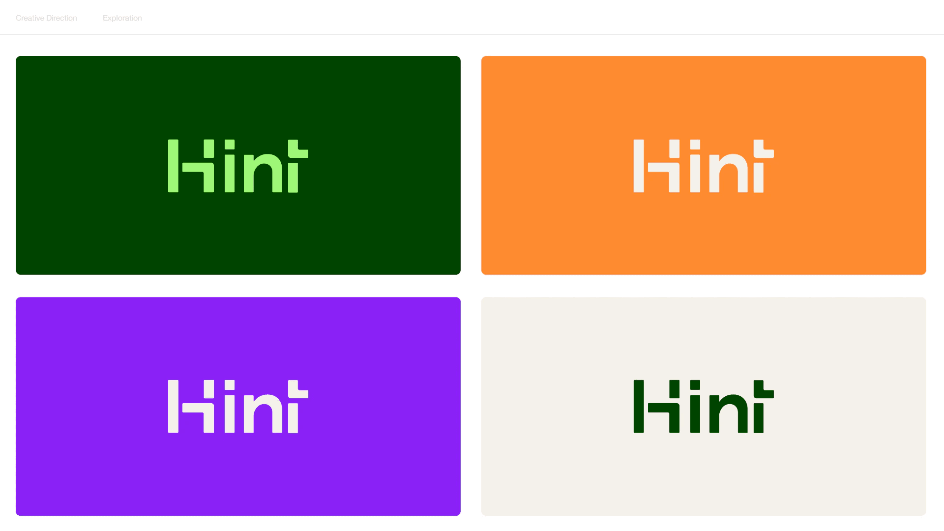 Brand exploration 2.0: the wordmark on dark green, orange, purple and cream