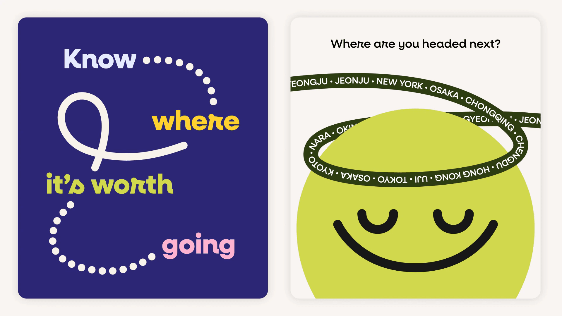 Brand exploration 3.1: Know where it’s worth going on purple, next to a smiling lime face ringed by city names