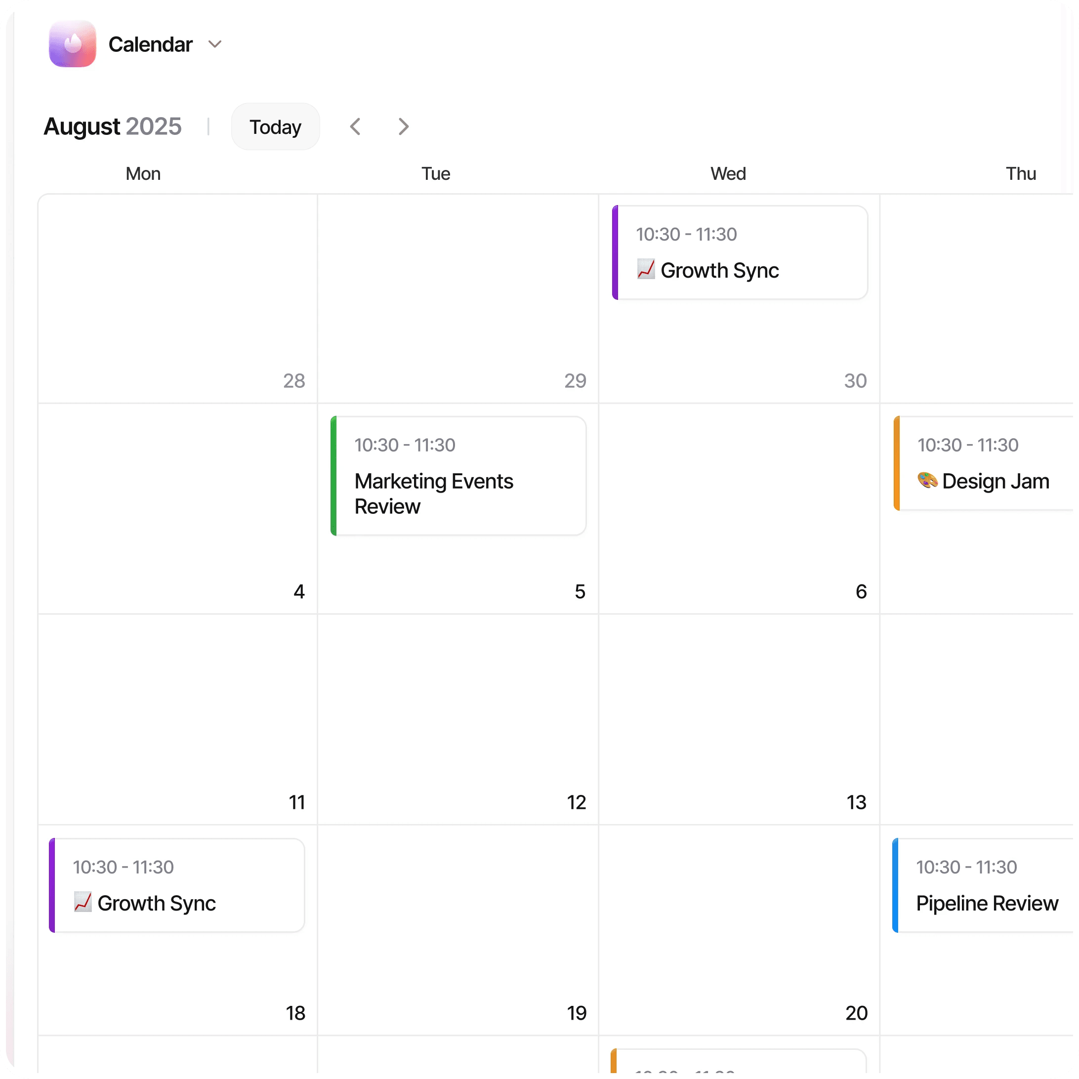 Calendar version 1, detail of the August month view: each meeting is a white card with a colored line on the left
