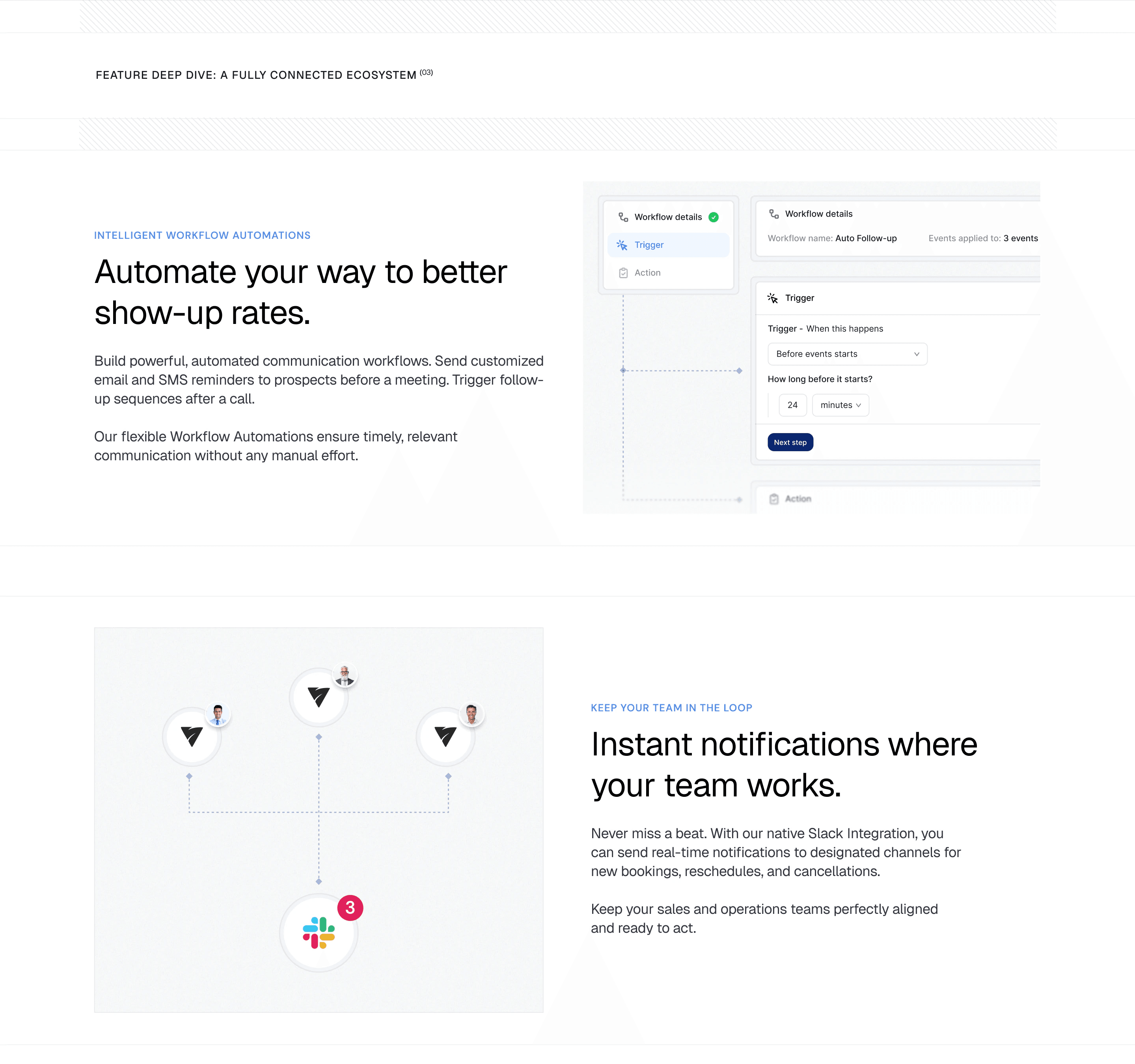 Communications page, feature deep dive: workflow automations for email and SMS reminders, and Slack notifications for new bookings, reschedules and cancellations