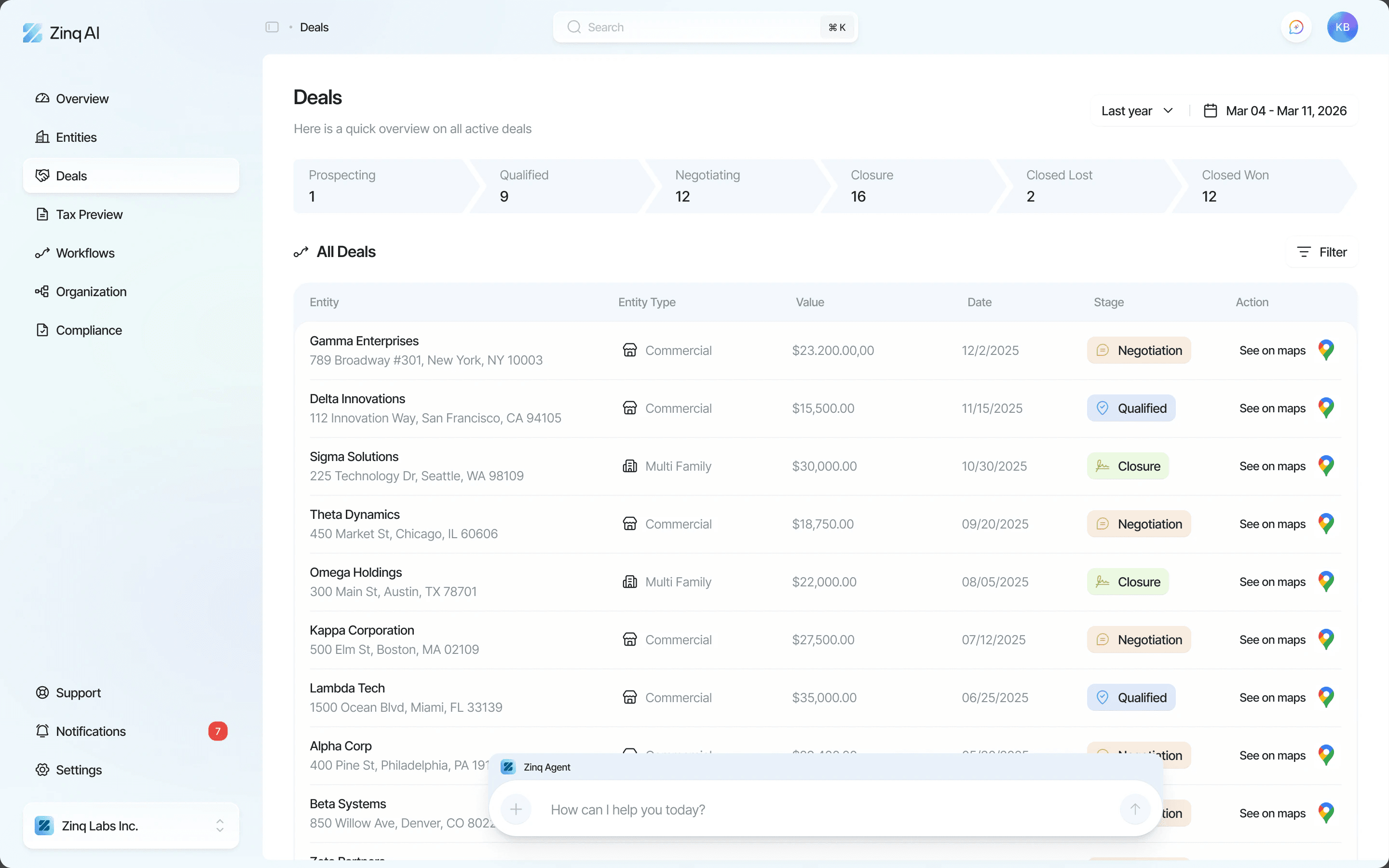 First look: Zinq AI deals overview with pipeline stages and a table of sample deals
