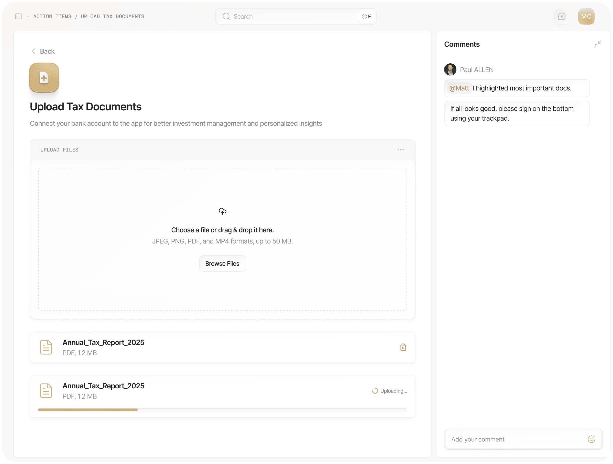 Final design: Upload Tax Documents task page with a drop zone, the uploaded files and the advisor’s comments on the right
