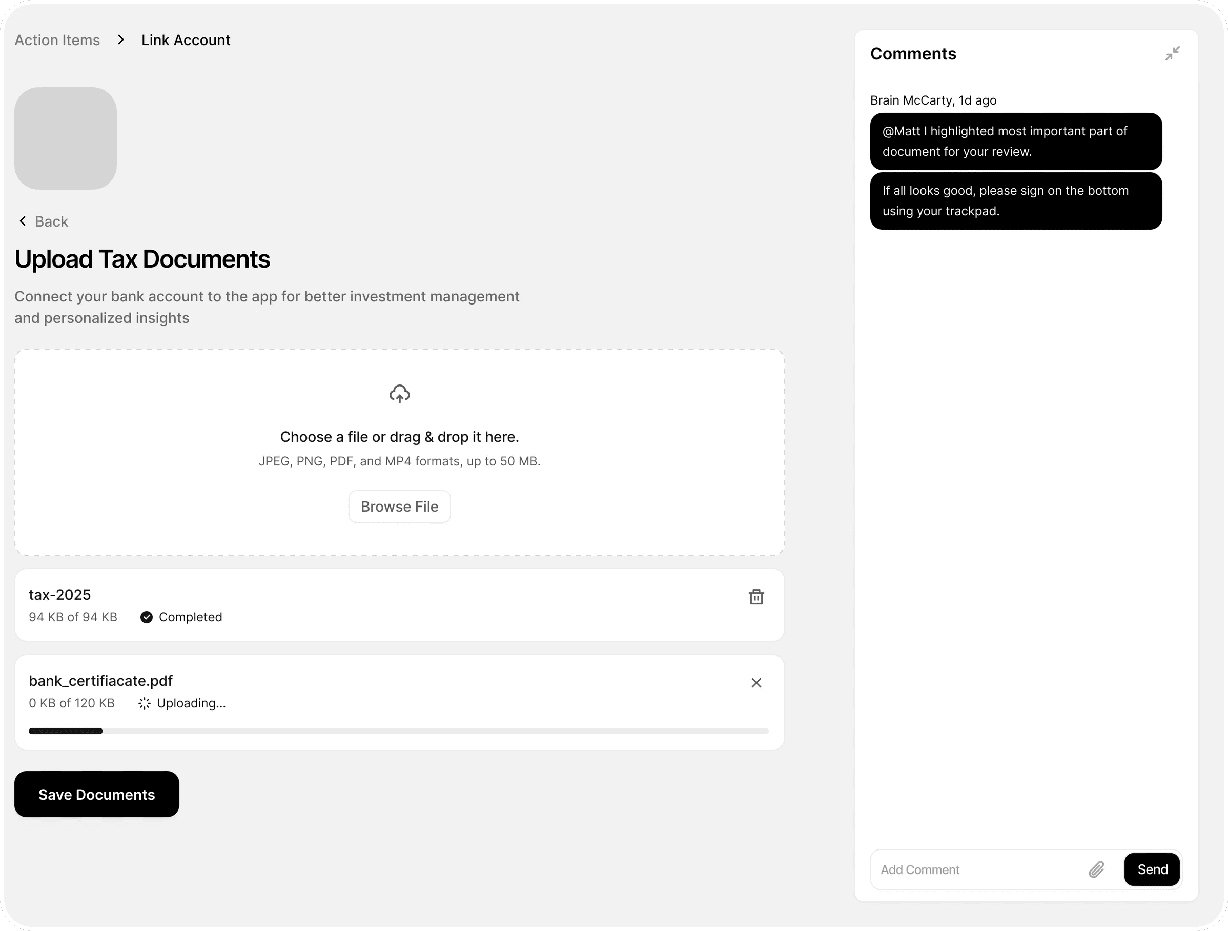 Wireframe: Upload Tax Documents task page with a drop zone, the uploaded files and the advisor’s comments on the right