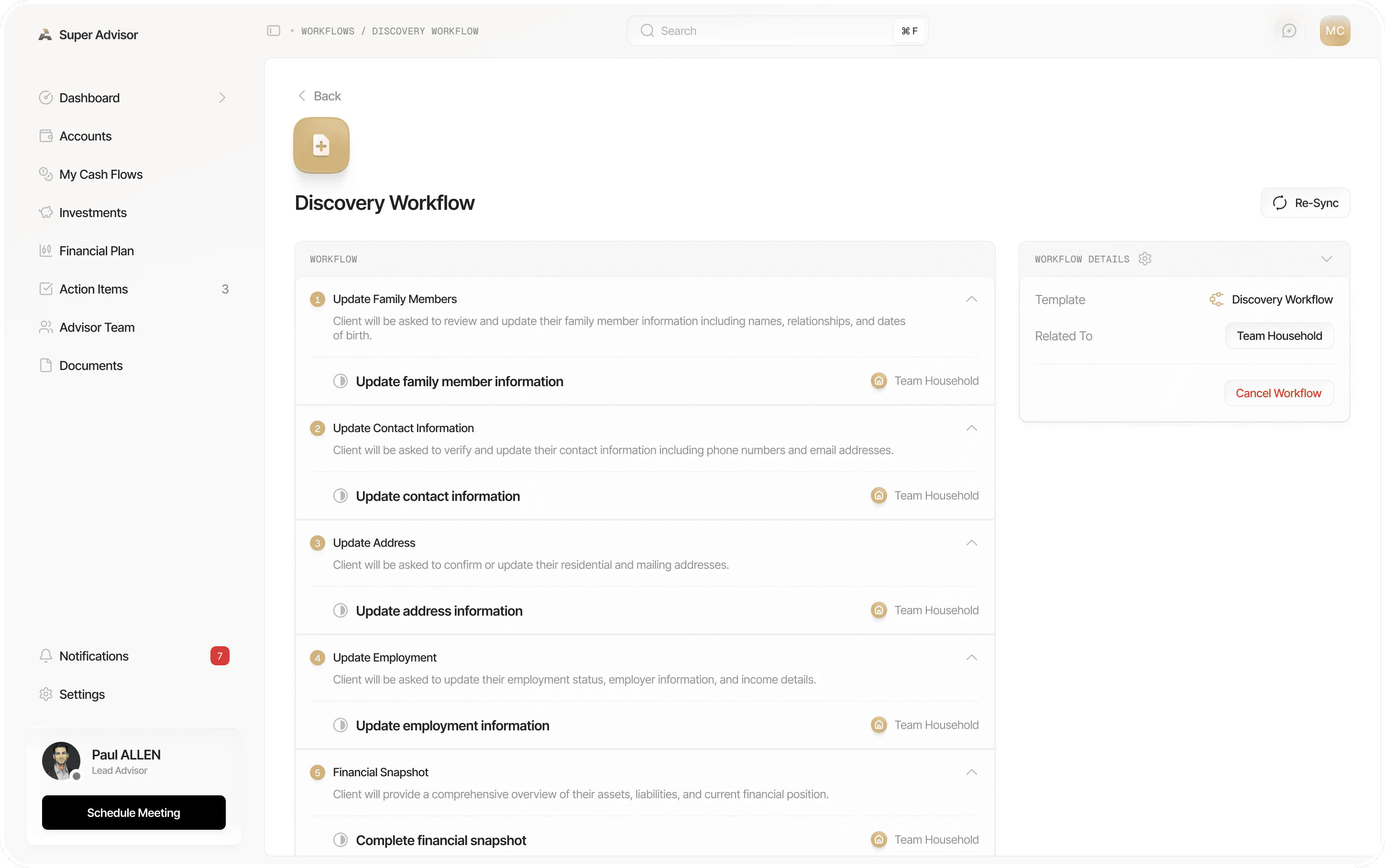 Discovery Workflow page: numbered steps from Update Family Members to Financial Snapshot, each with a short description, and workflow details on the right