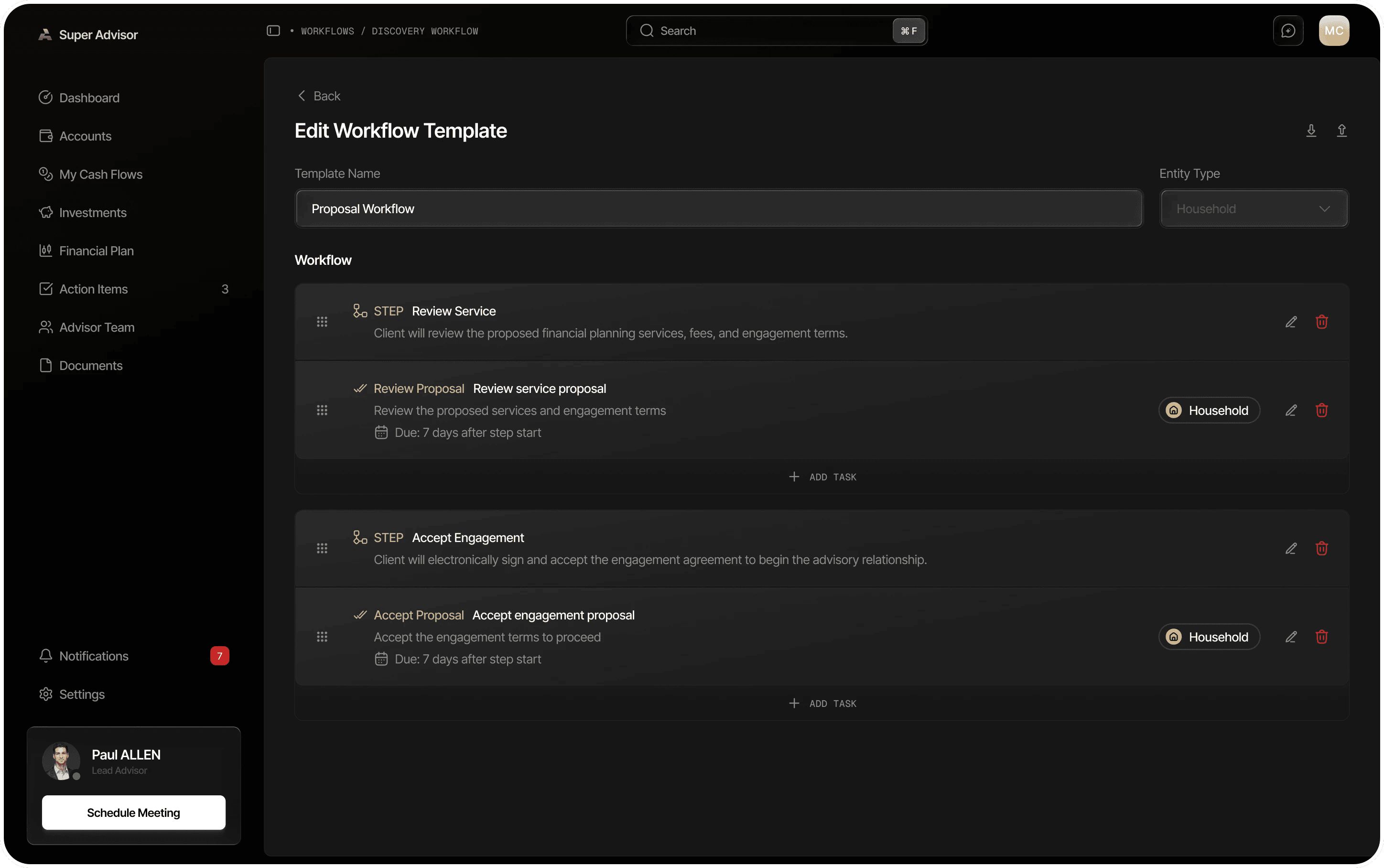 Edit Workflow Template in the dark theme: a Proposal Workflow with two steps, Review Service and Accept Engagement, each with one task due 7 days after the step starts