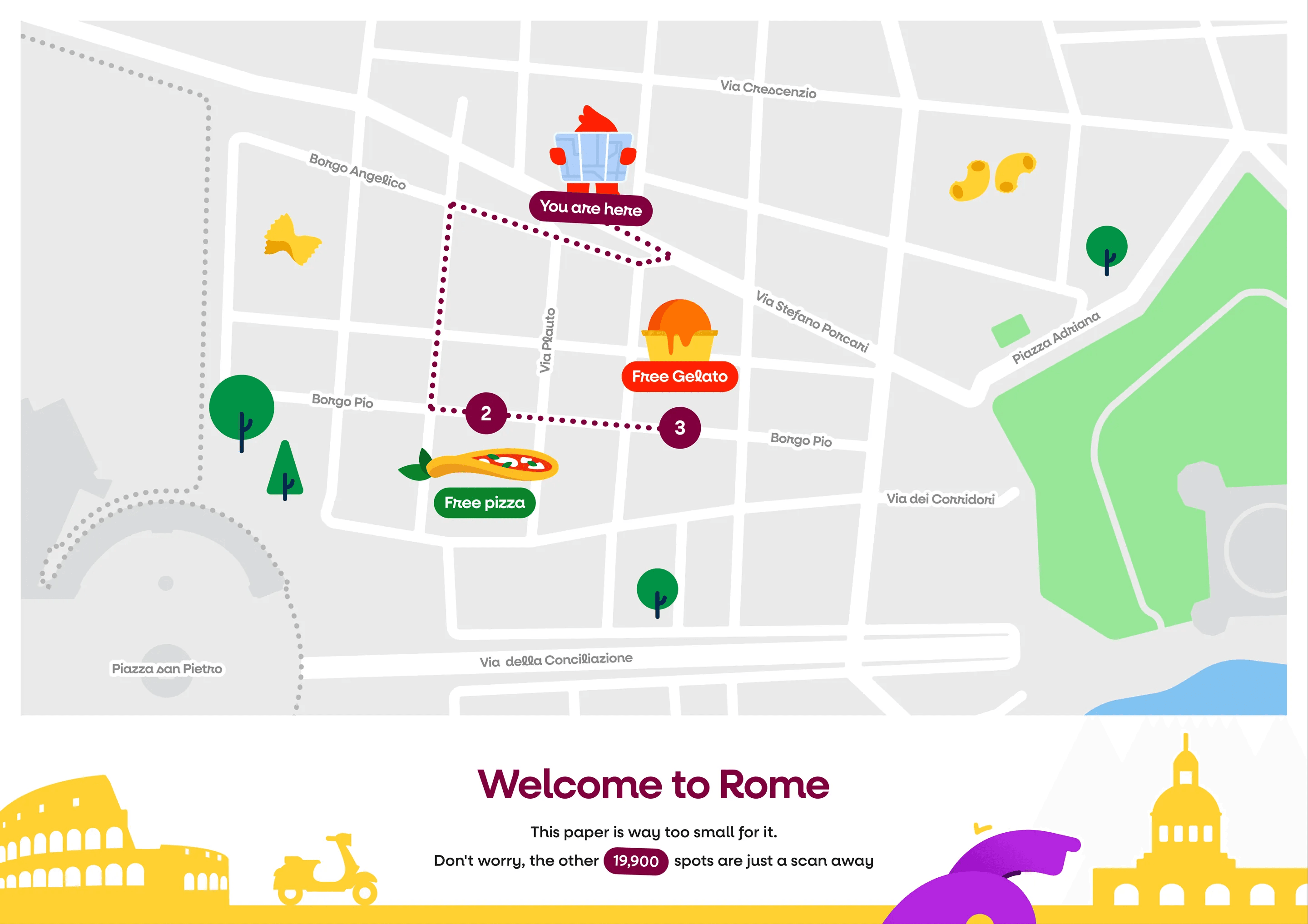 Inside of the fold-out Rome map: Welcome to Rome, with free gelato and free pizza stops near Piazza San Pietro