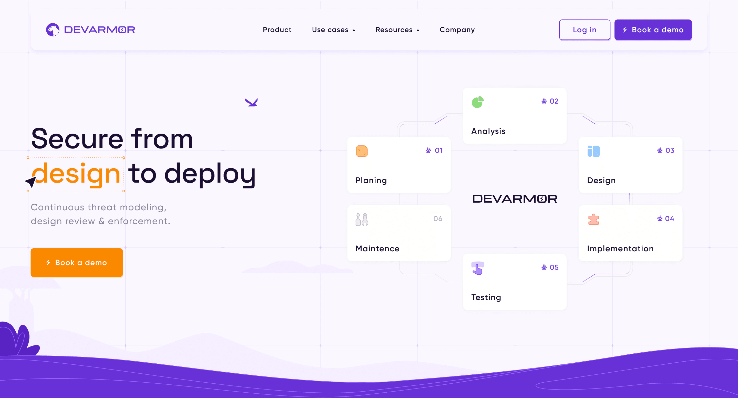 Homepage round 1: Secure from design to deploy, with a process diagram and a purple wave with leaves along the bottom