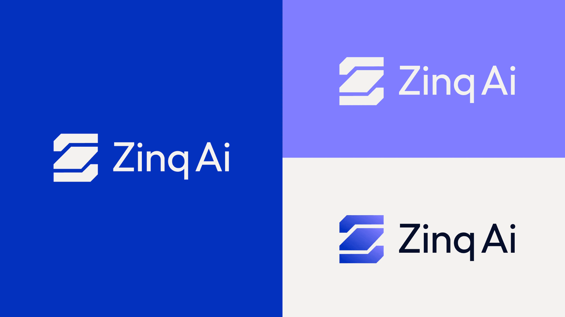Round 2, version B3: the Z drawn as three stacked strokes, on deep blue, violet and white panels