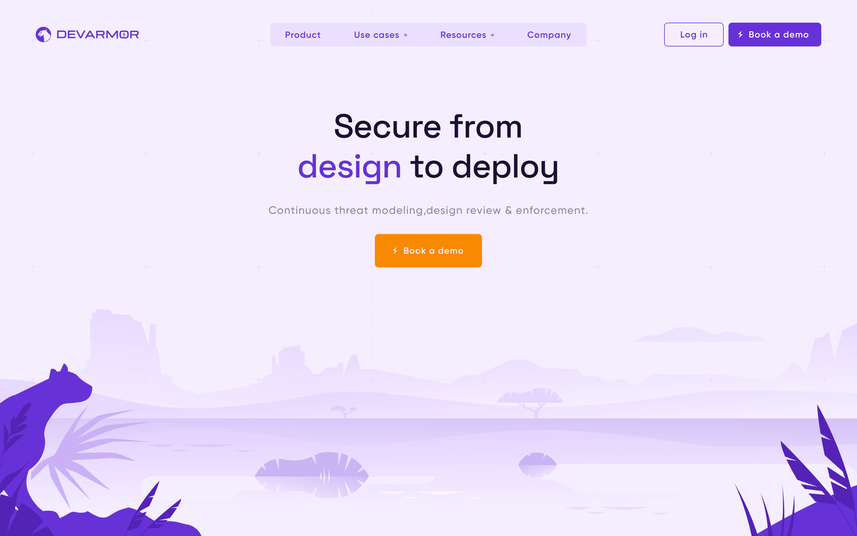 Homepage round 2: a purple panther on a rock under the headline, with palms and a lake in pale lilac