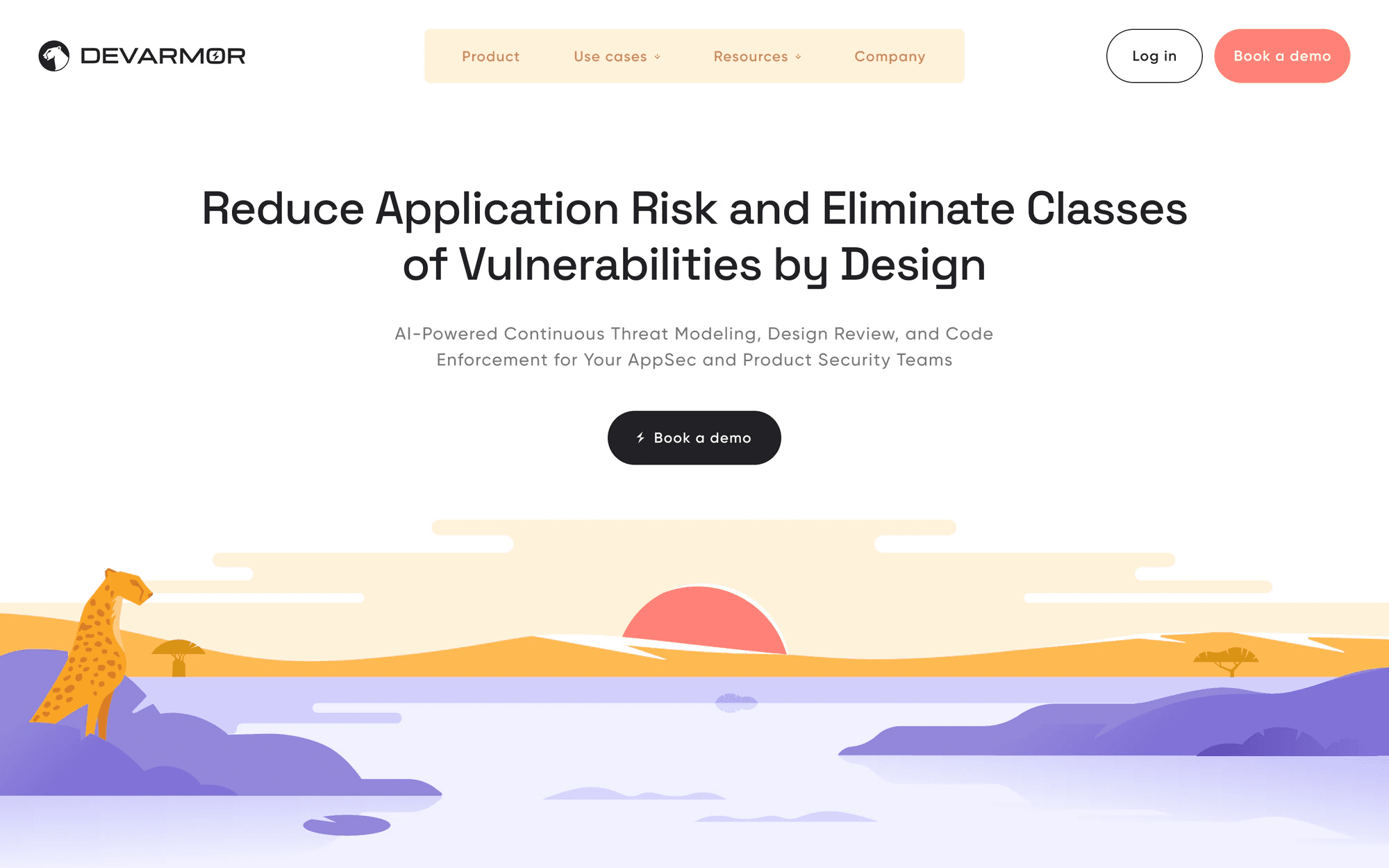 Homepage round 4, soft orange: Reduce Application Risk and Eliminate Classes of Vulnerabilities by Design, over a savanna at sunrise