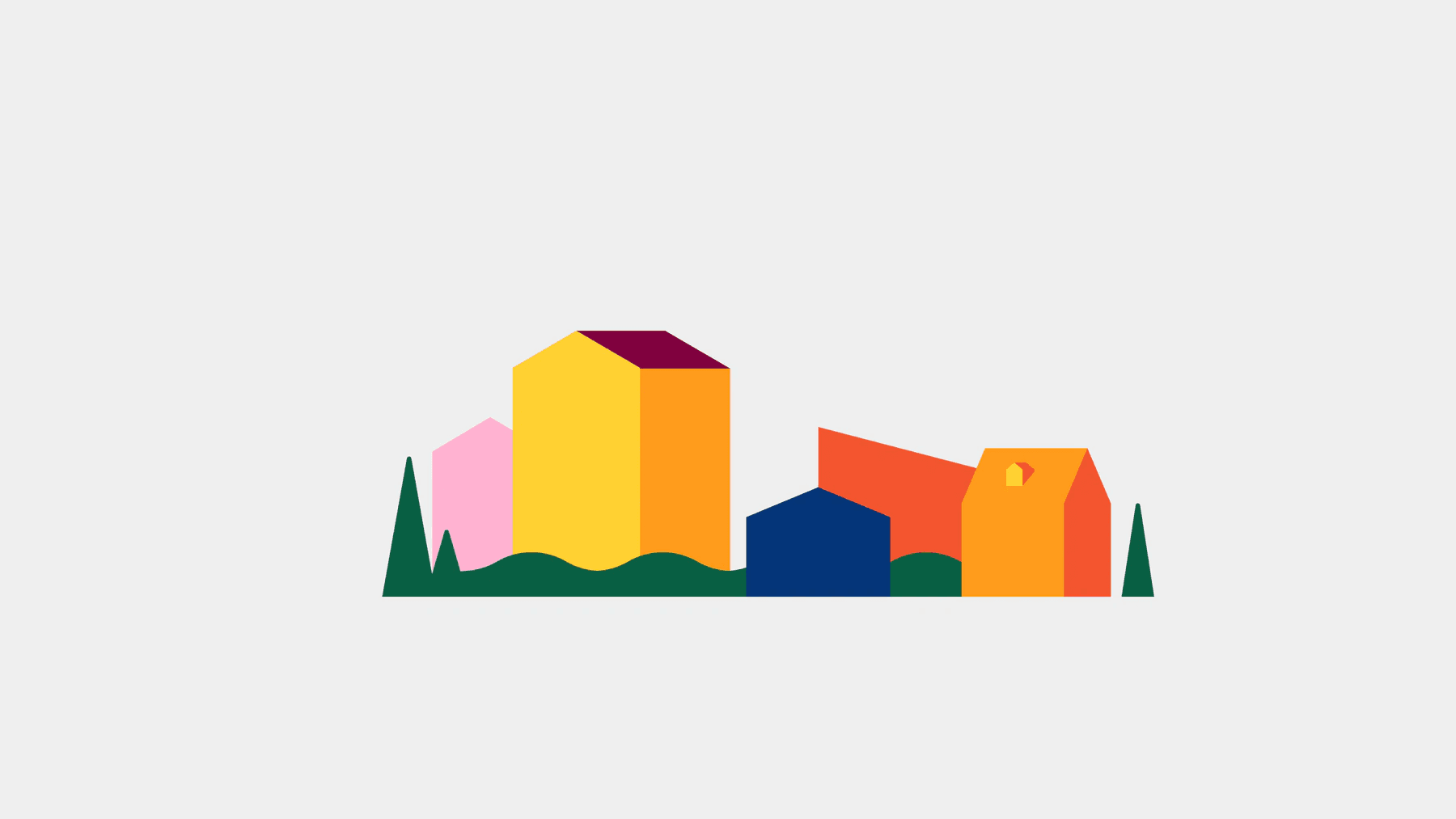Launch film storyboard: a row of colorful flat houses with trees