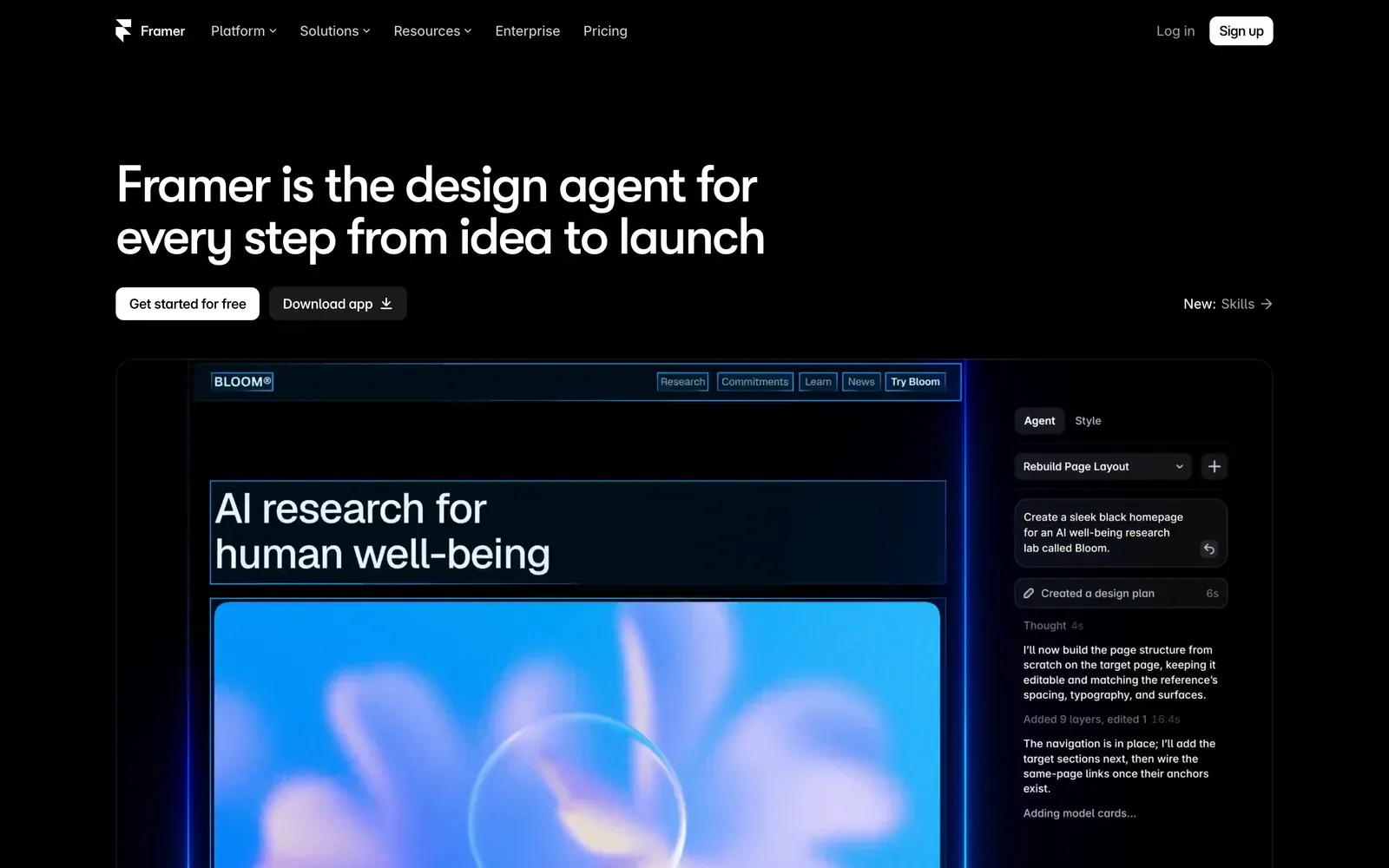 Framer’s homepage hero: the headline “Framer is the design agent for every step from idea to launch” above a demo of Framer’s agent panel building a page for an AI research lab called Bloom