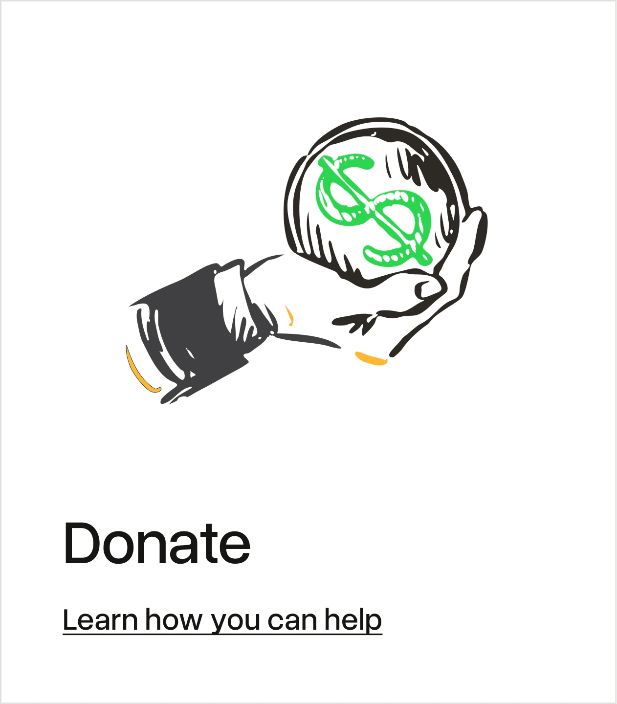 Homepage section Be Part of the Movement, Donate card: a hand-drawn hand holding a coin, with Learn how you can help