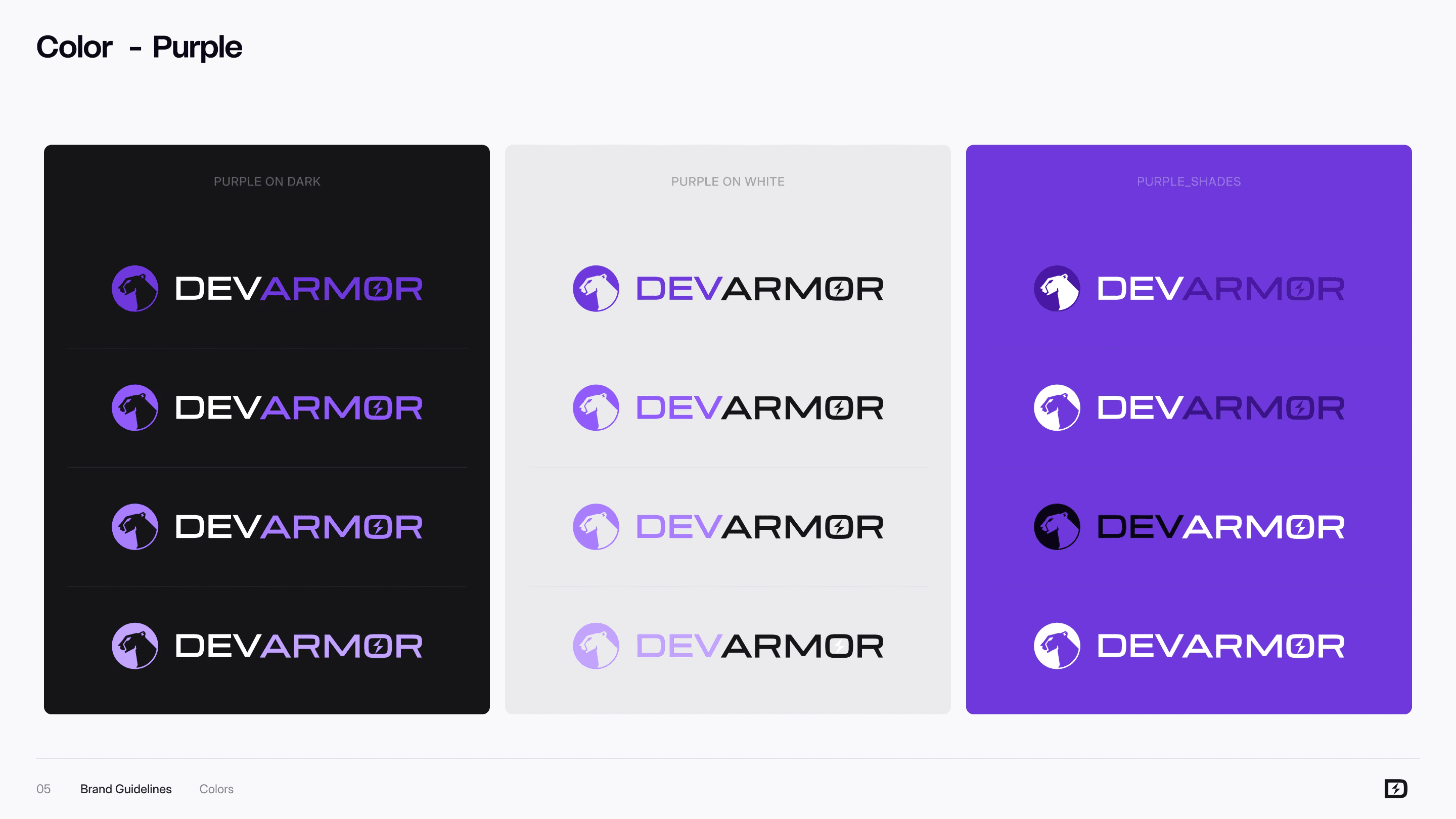 Brand guide: the logo in purple on dark, on white and on purple