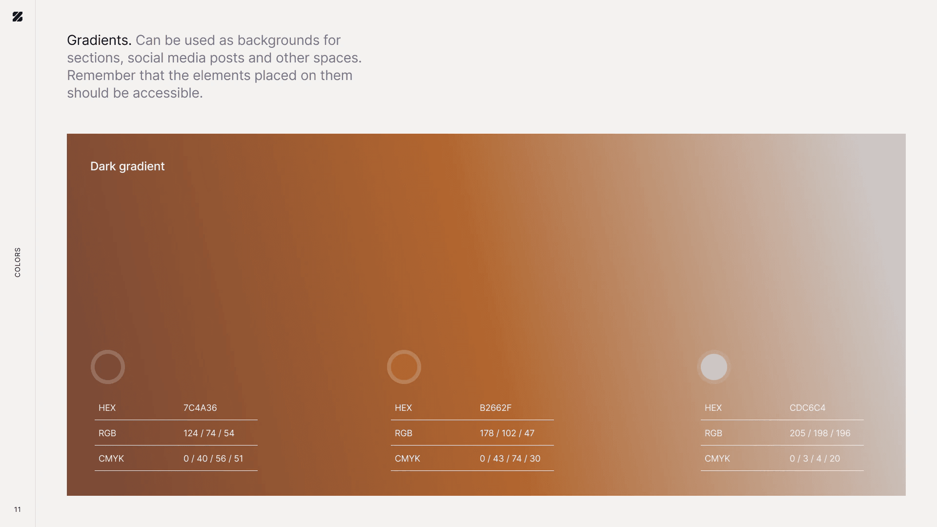 Brand guide: the dark gradient, from copper to pale grey, with its three colour stops