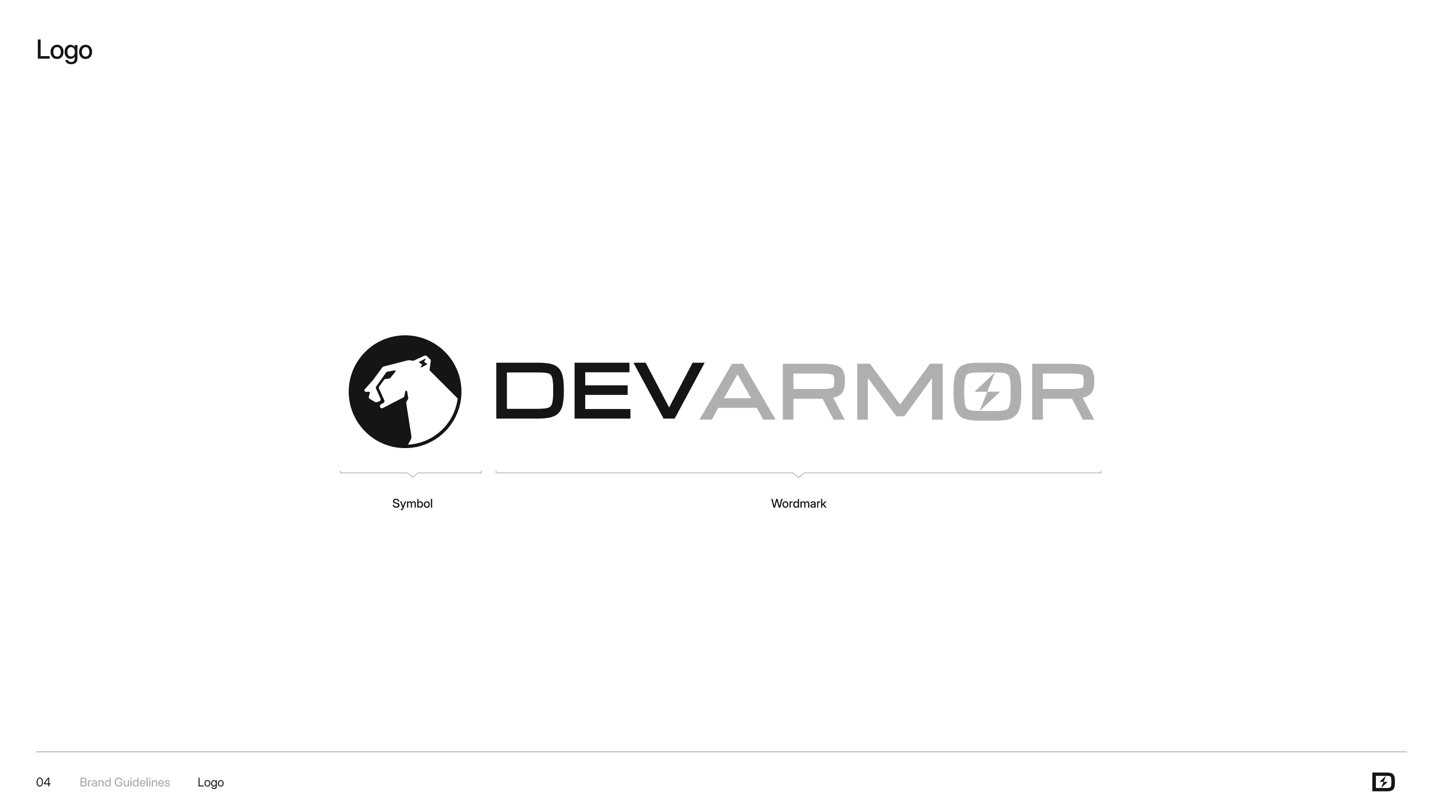 DevArmor brand guide: the logo, a cheetah head in a black circle and the DEVARMOR wordmark, labelled symbol and wordmark