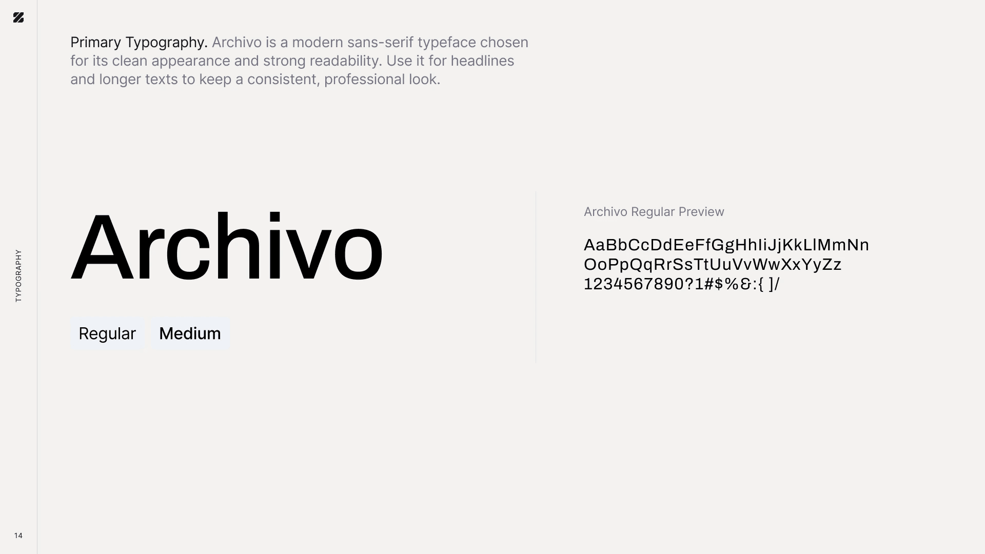 Brand guide: the primary typeface Archivo in Regular and Medium with a character set