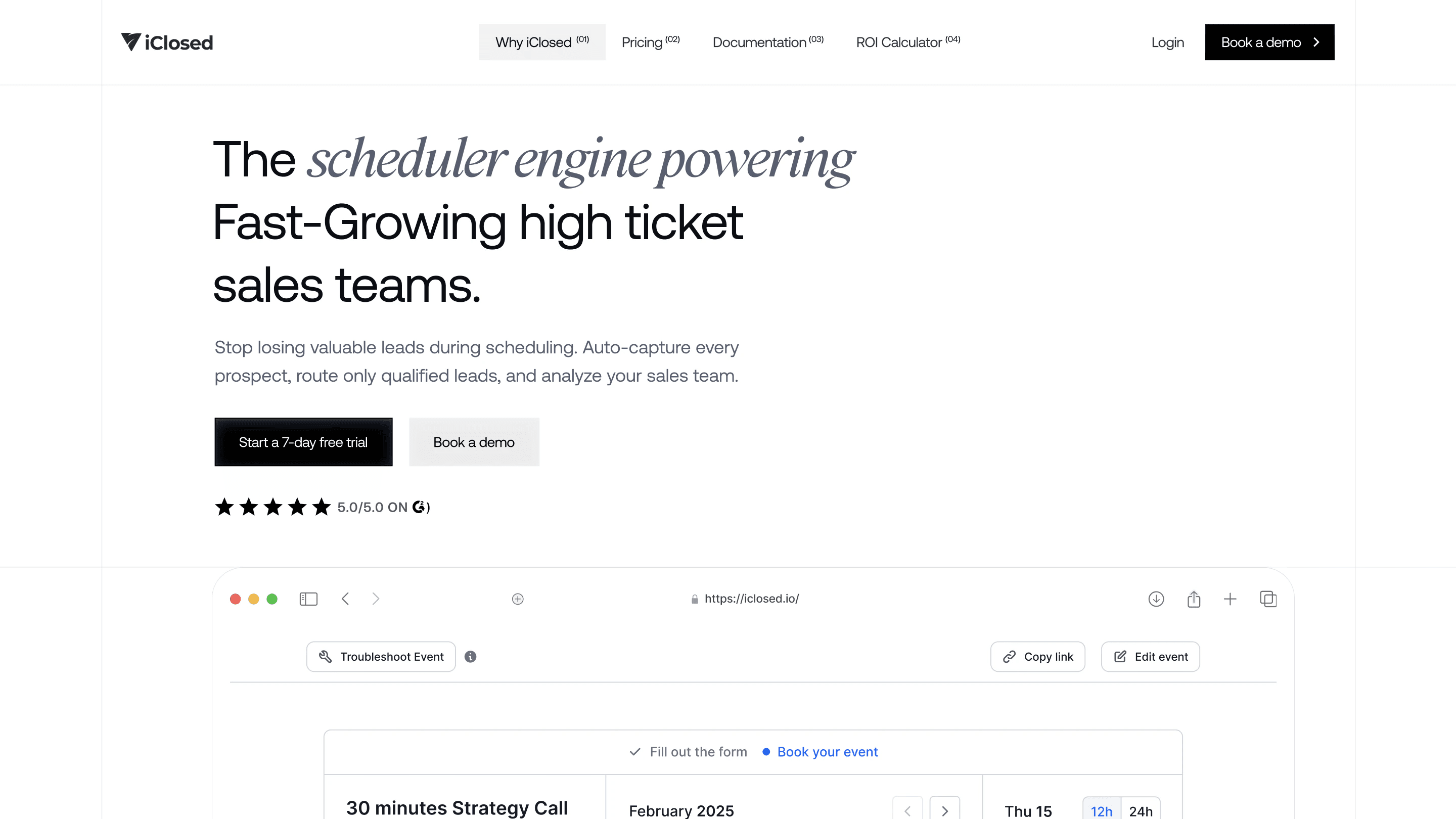Hero inspiration: The scheduler engine powering fast-growing high ticket sales teams, left aligned in black and white with a serif italic accent, star rating and the scheduler in a browser window below