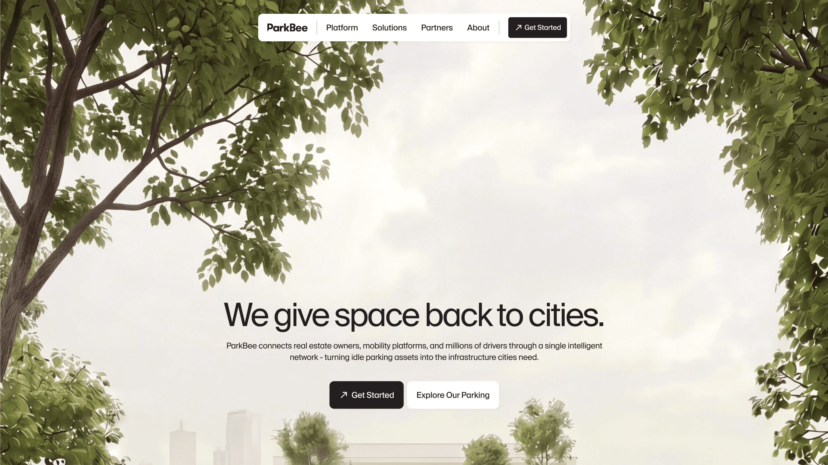 ParkBee homepage hero: We give space back to cities, over a calm sky with trees at the edges