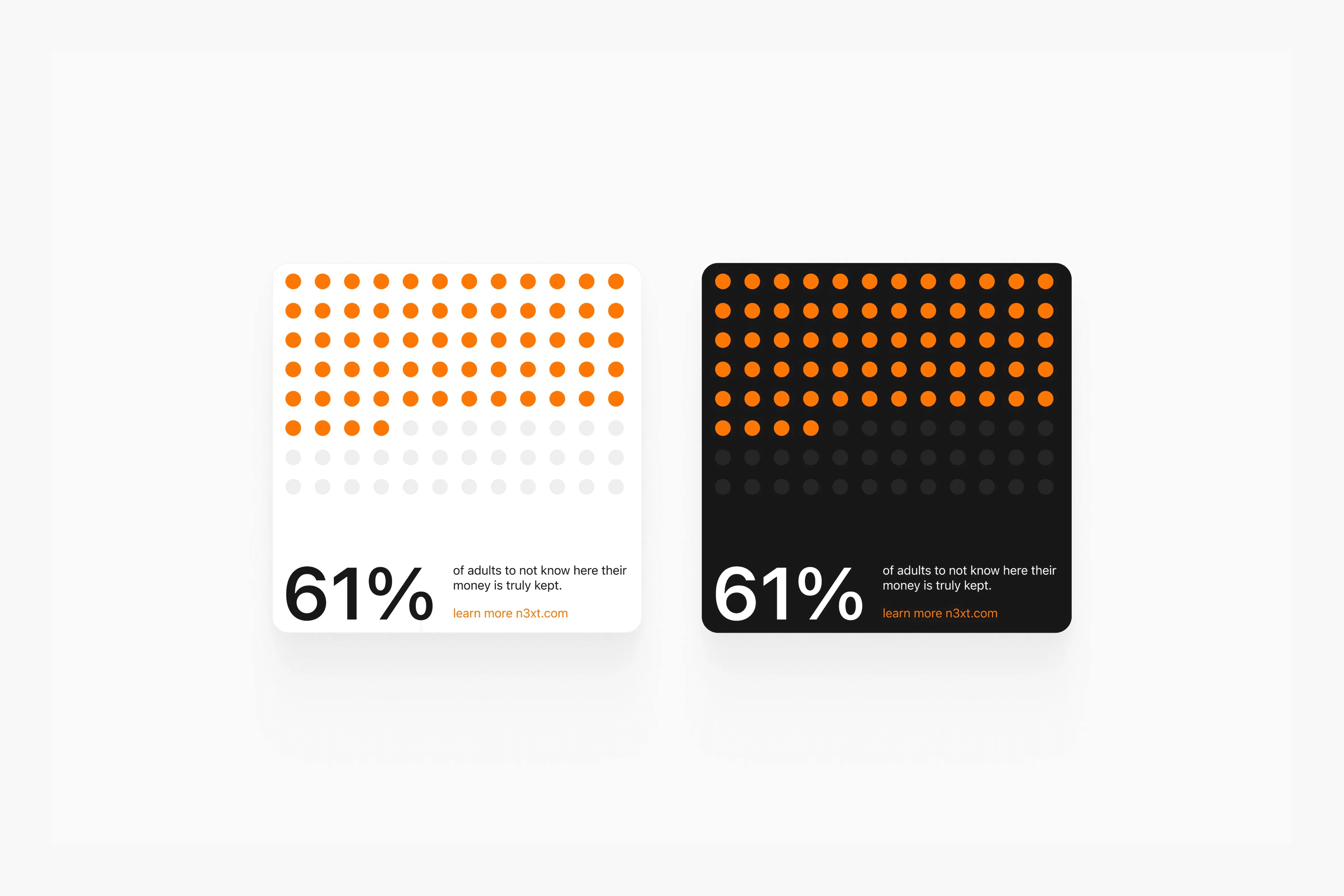 Orange dot-matrix brand graphics in light and dark