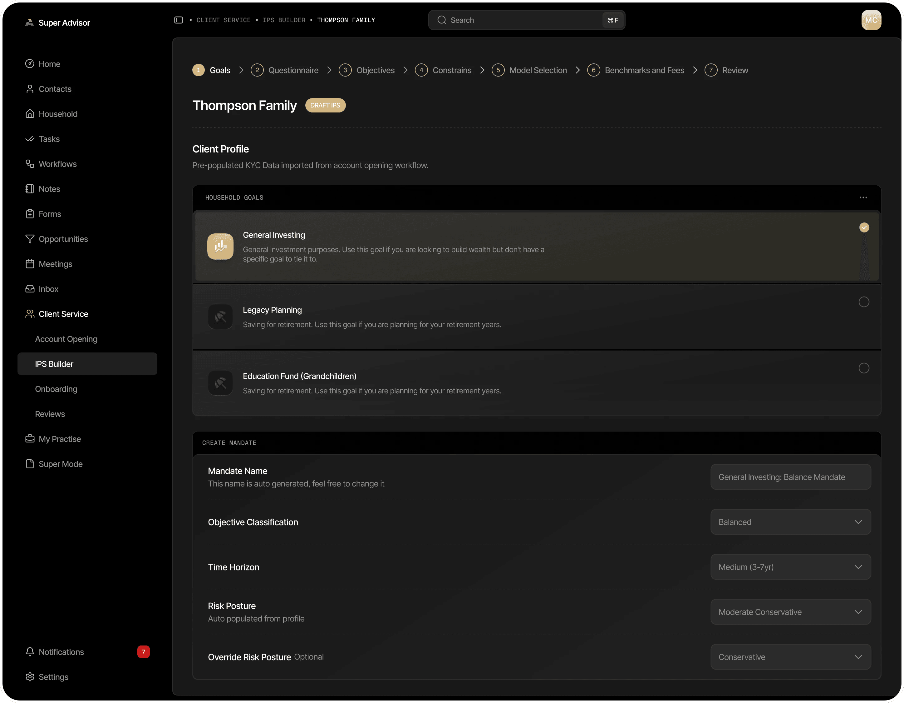 Advisor side, dark theme: the investment policy statement builder for a sample household, seven steps from Goals to Review, with the advisor’s menu on the left from Contacts and Meetings to Account Opening, Onboarding and Reviews