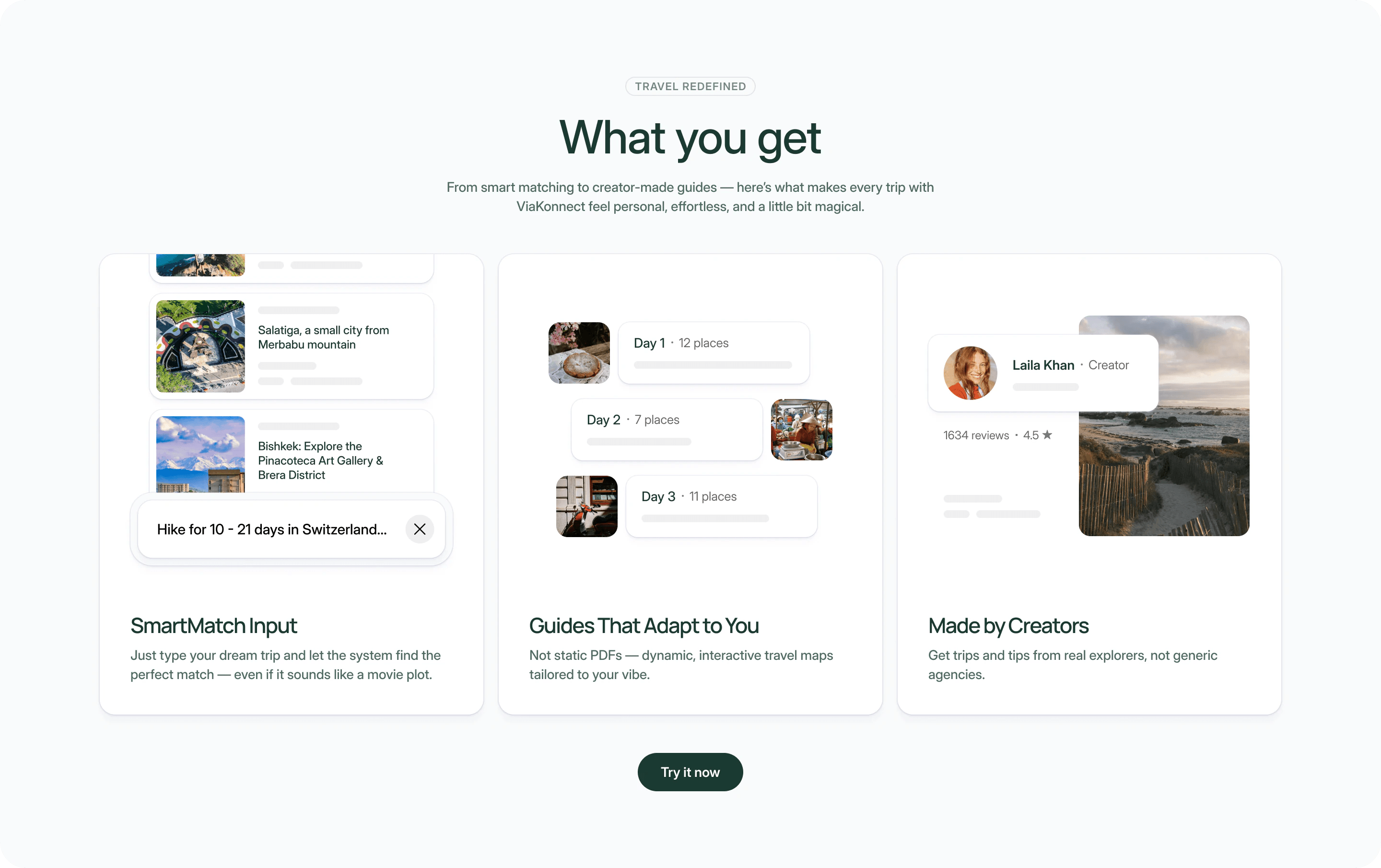 Landing page section What you get: SmartMatch input, guides that adapt to you, and trips made by creators