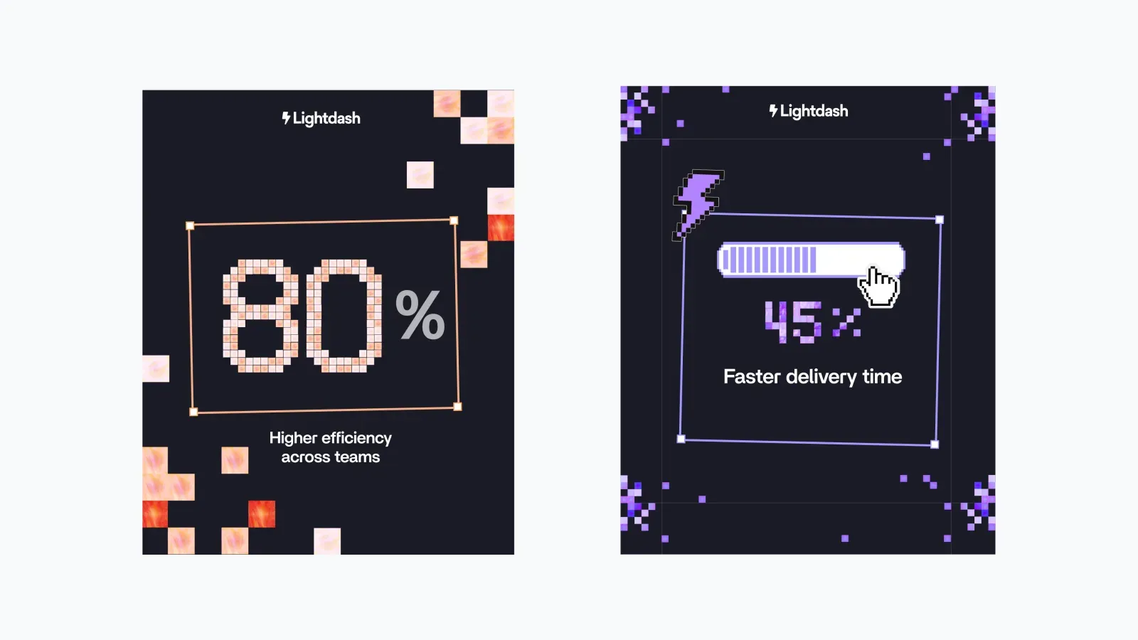 Lightdash brand graphics from the refresh: pixel-style stat cards reading 80% higher efficiency across teams and 45% faster delivery time