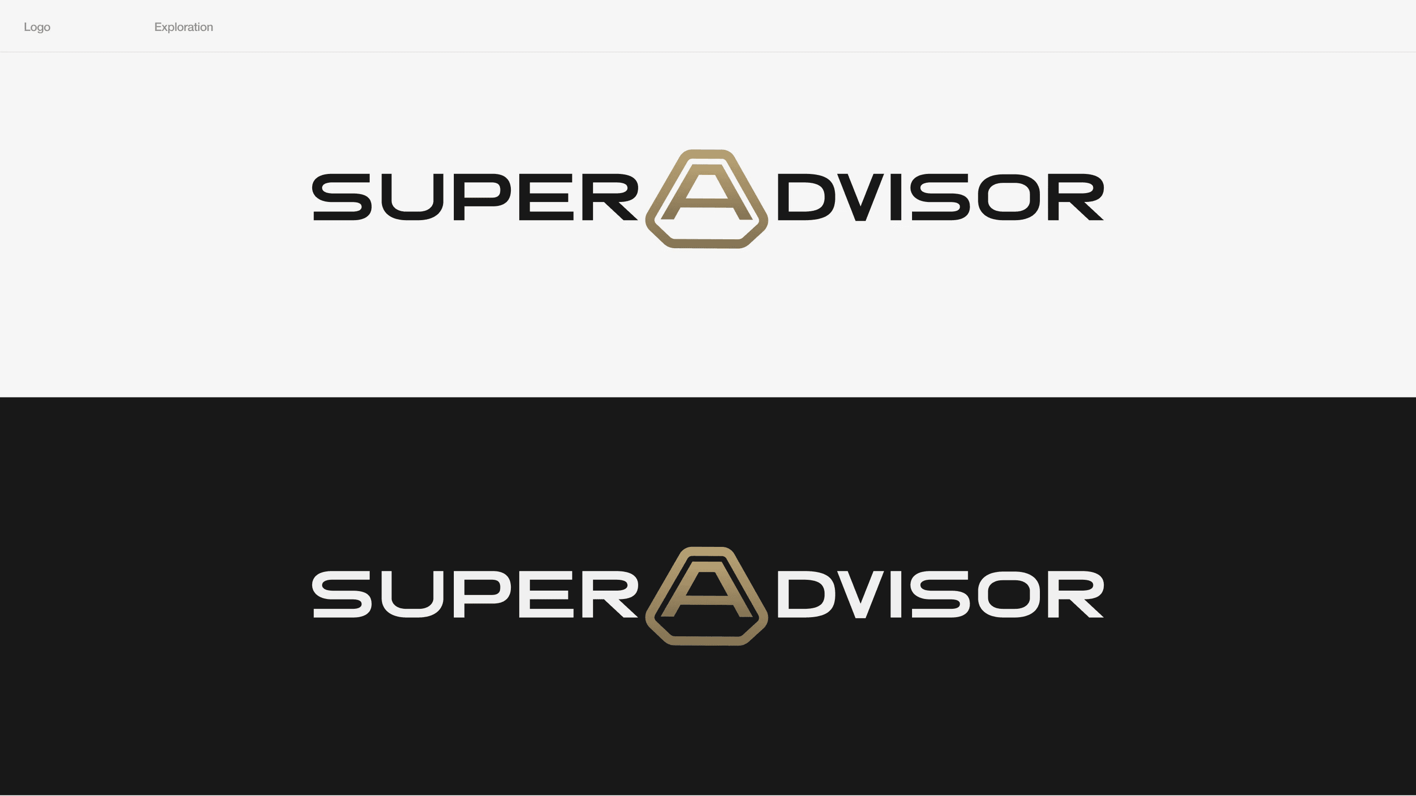 Logo exploration V1, A: the SuperAdvisor wordmark with an outlined gold A, on light and on dark
