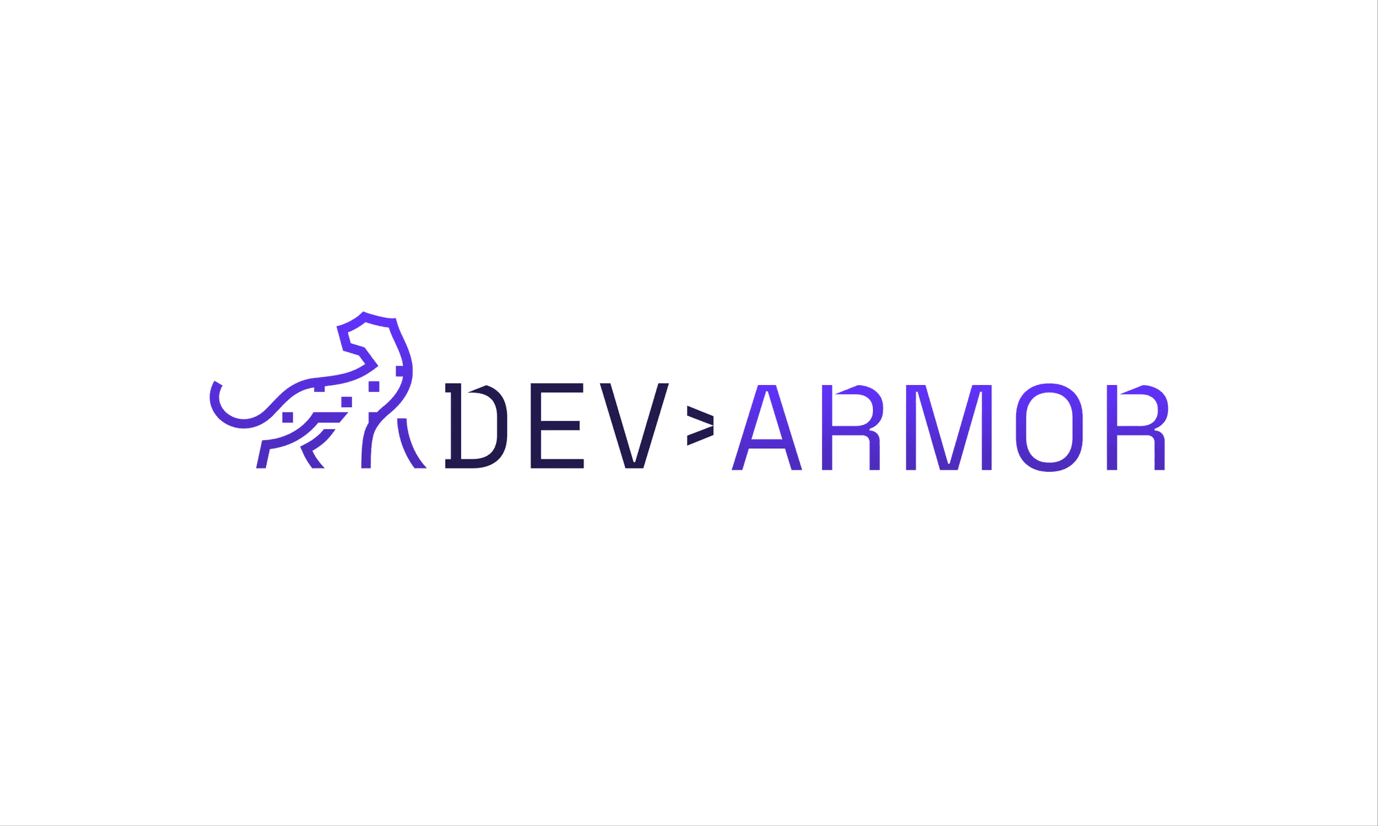 Logo exploration: a line-drawn cheetah next to the wordmark DEV>ARMOR in purple