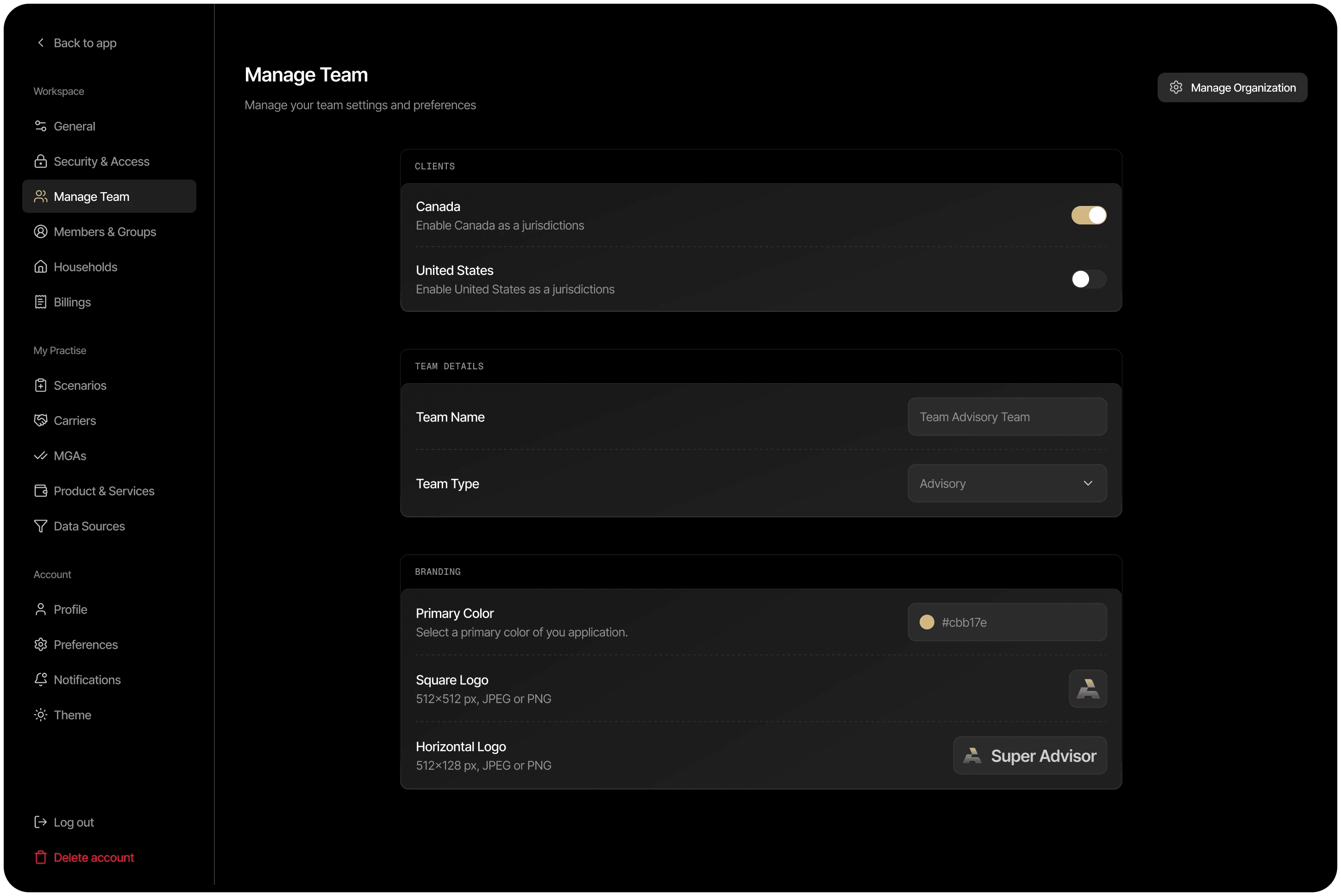 Manage Team settings in the dark theme: client jurisdictions, team details and branding with a primary color and logos