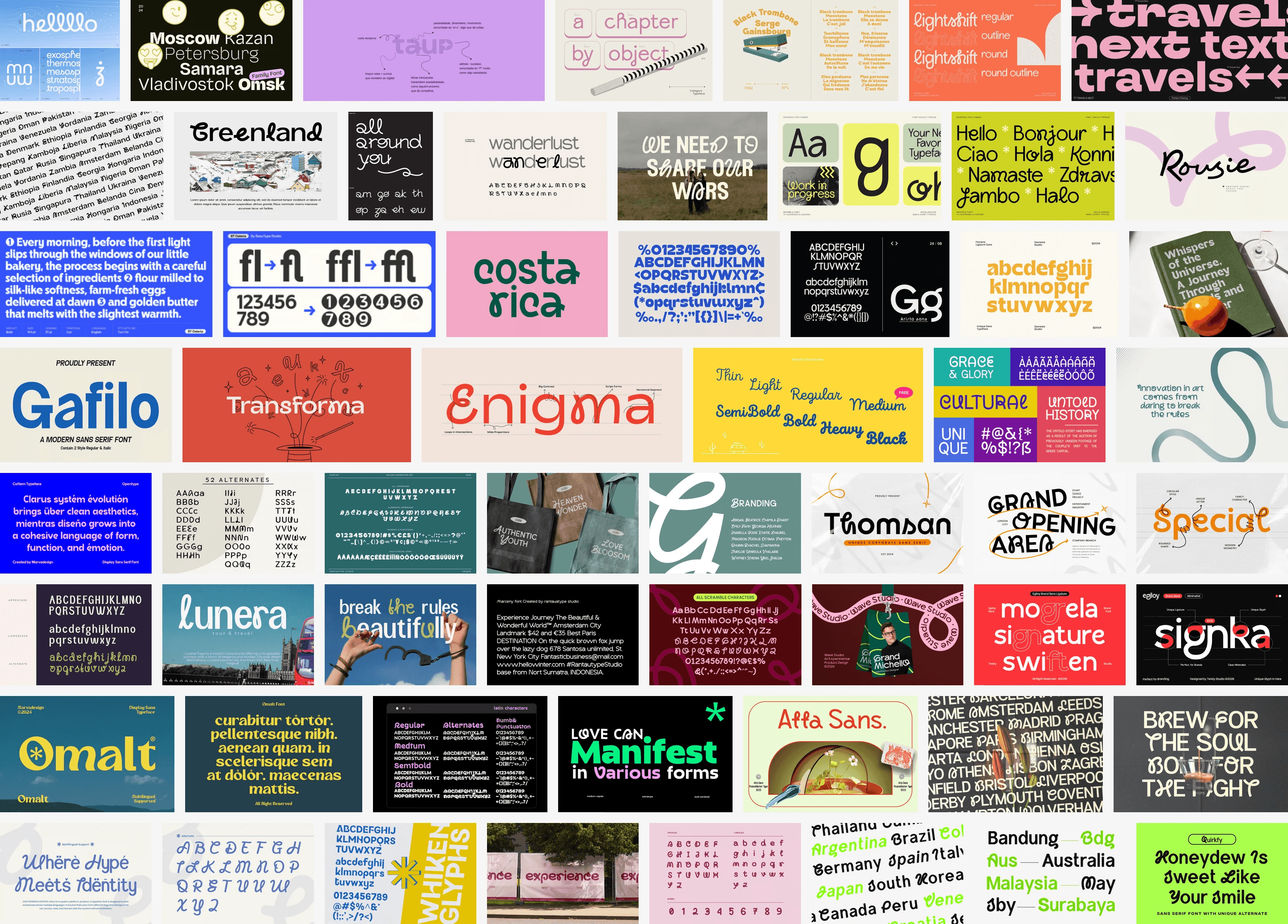 Typeface moodboard: playful display fonts with loops, swashes and rounded letters on posters, specimens and tote bags