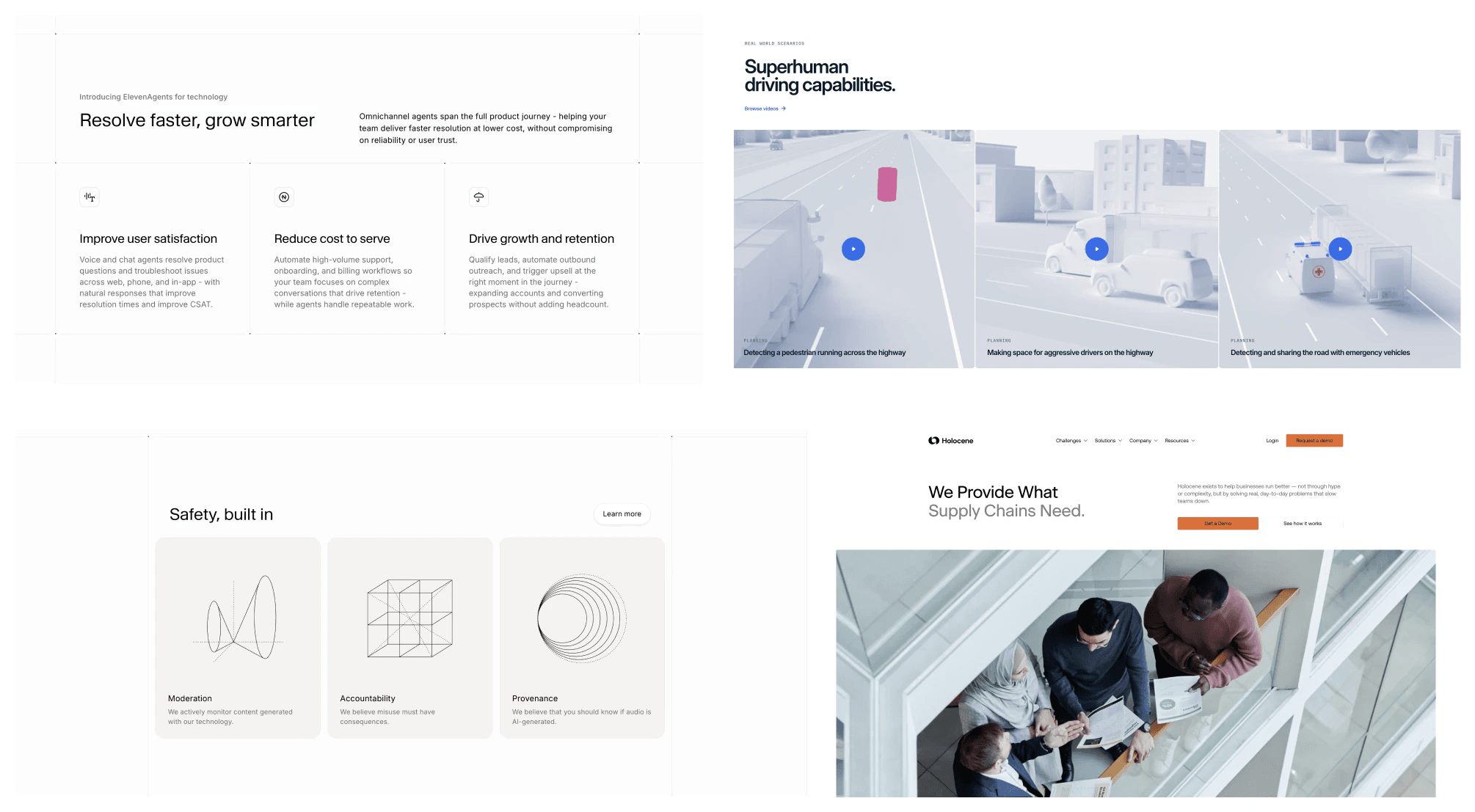 Moodboard, structured and credible direction: reference sites with light feature grids, a driving simulation, three line-art safety cards and a team photo